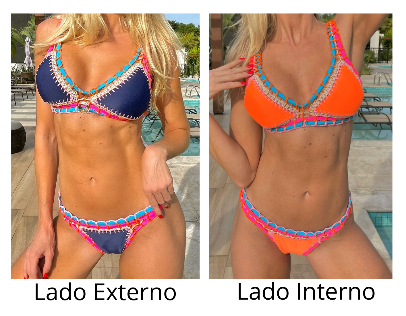 Biquíni de crochê azul marinho/laranja GB