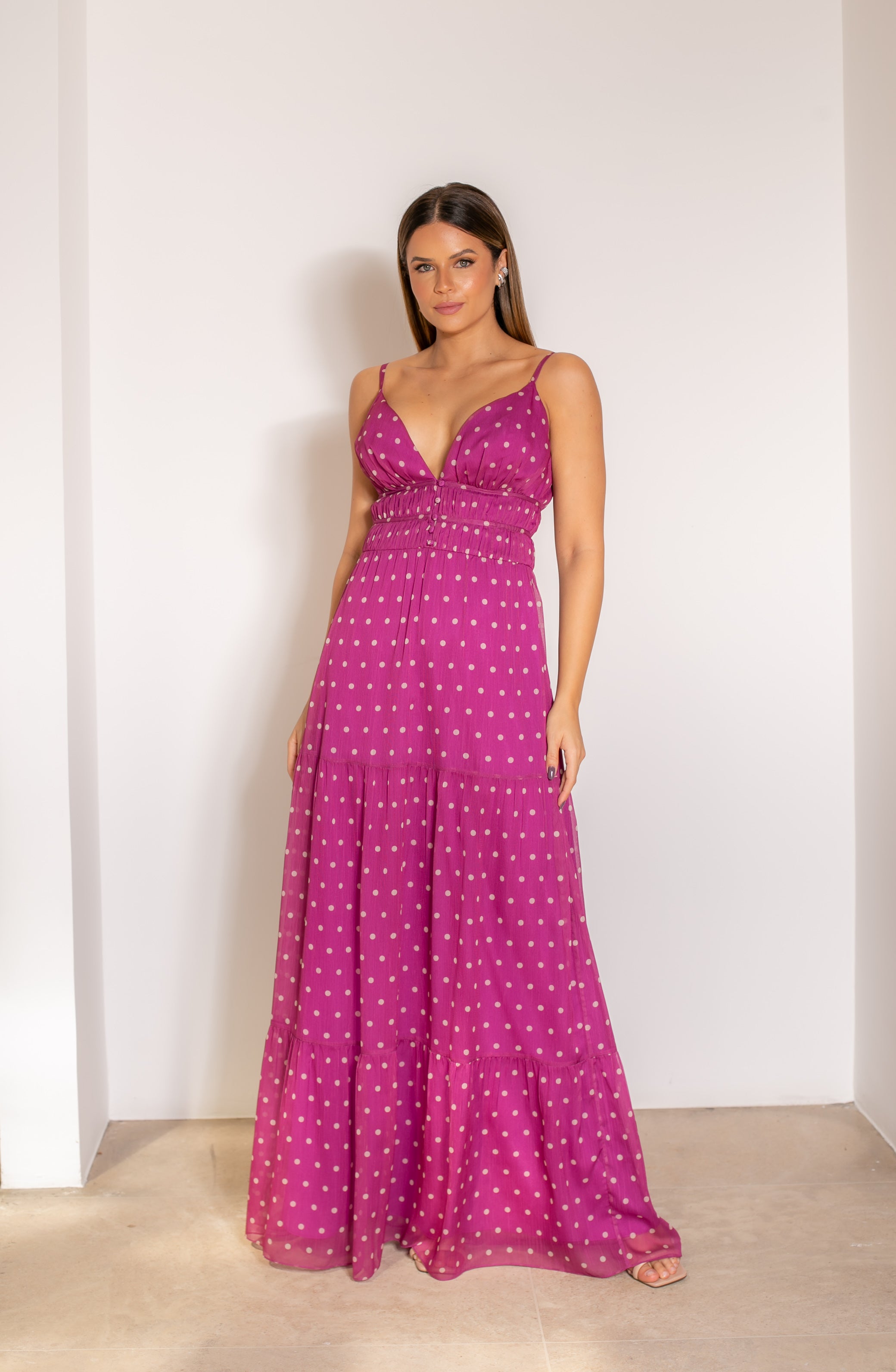 Vestido maxi de bolinhas fúcsia FC