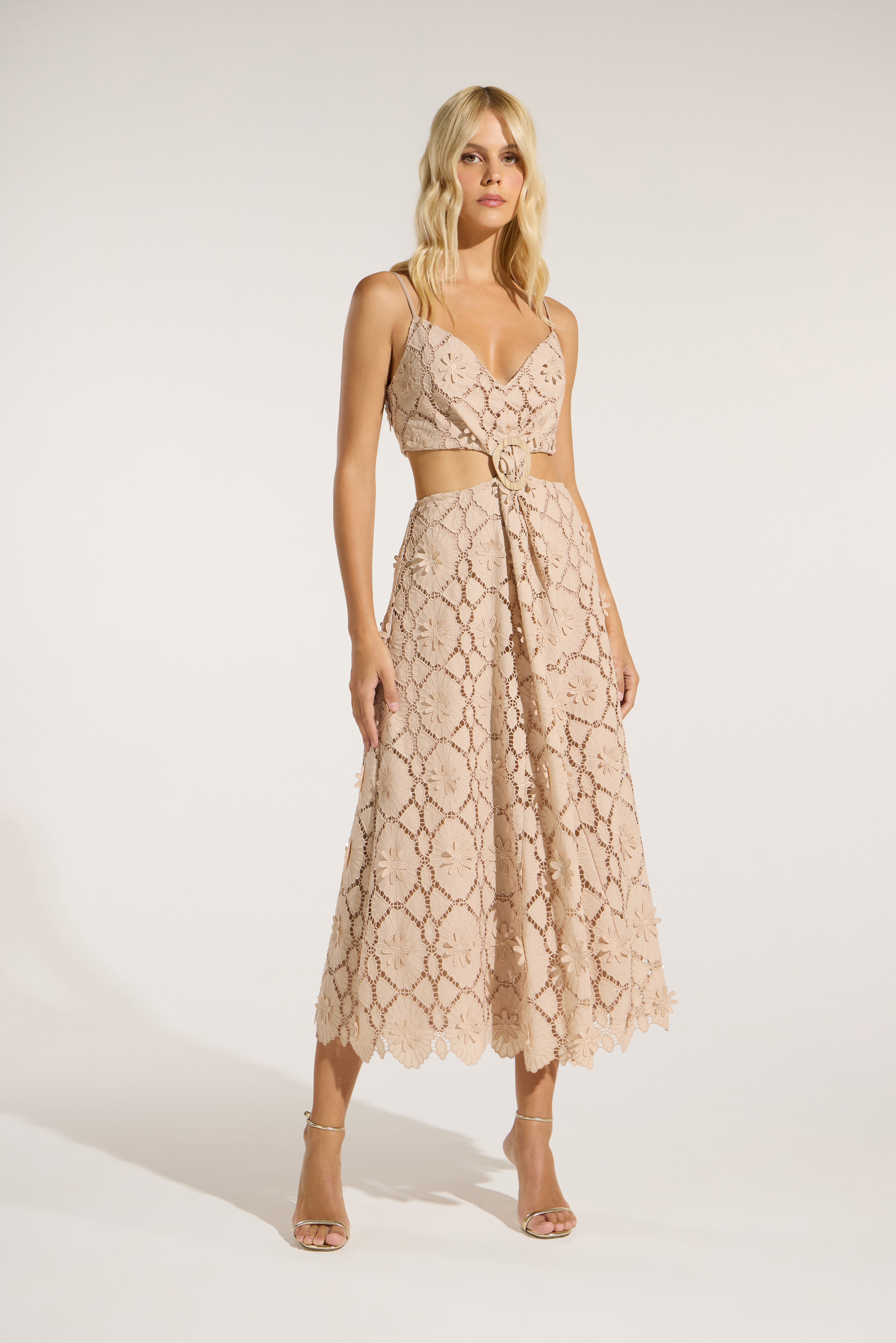 SK Beige Midi Dress With Waist Cut Out