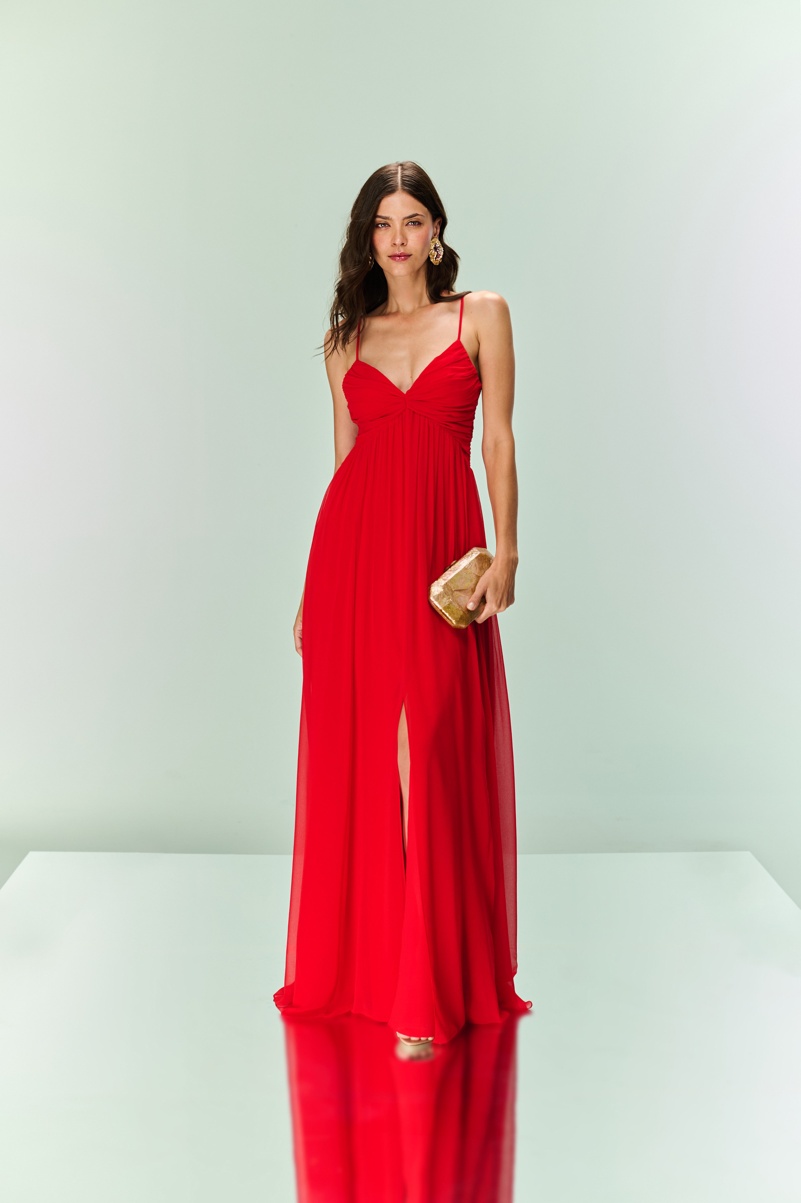 Vestido longo drapeado vermelho TD