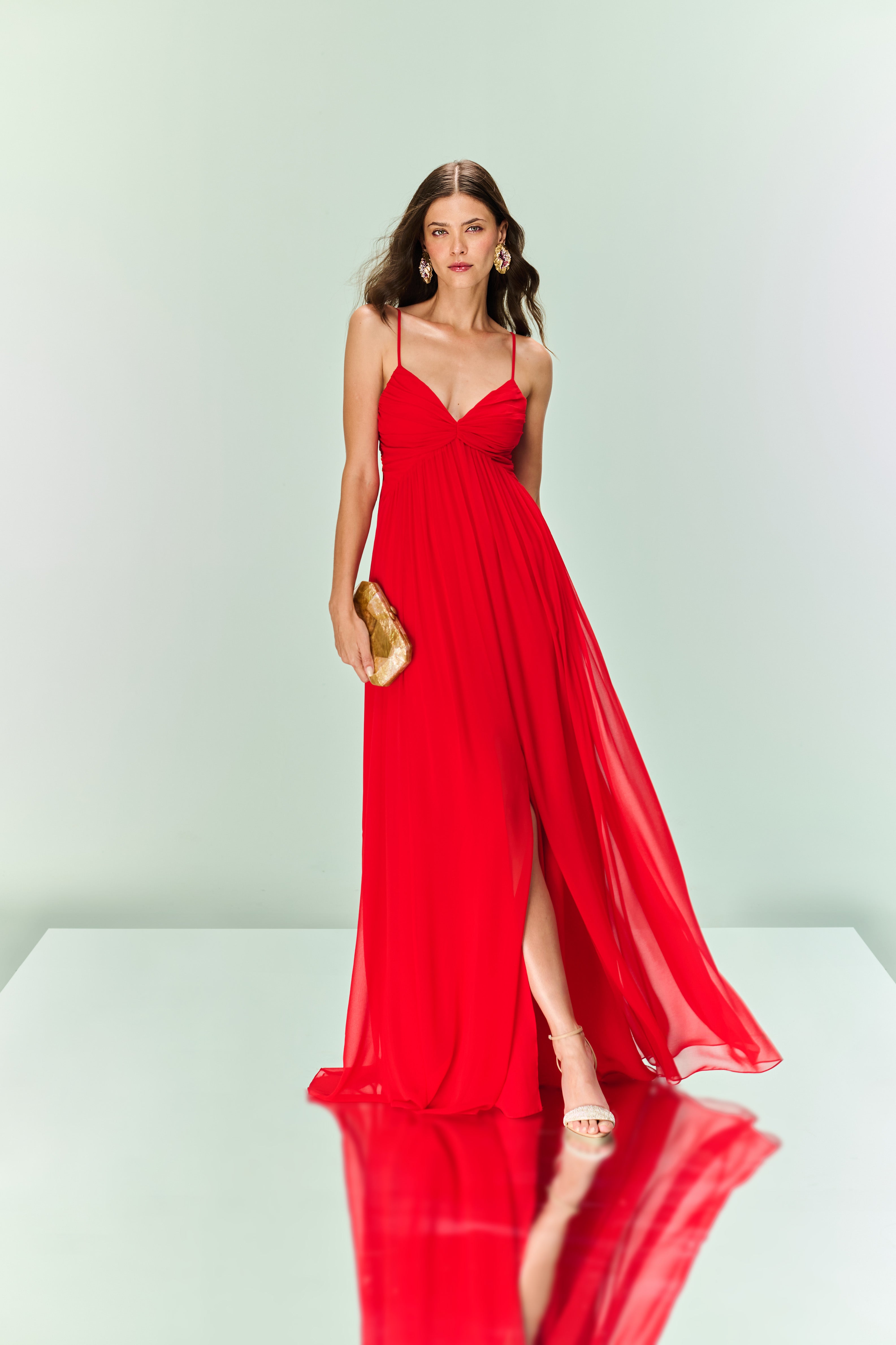 Vestido longo drapeado vermelho TD