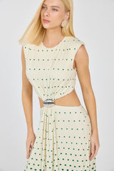 TD Green Long Polka Dot Dress With Waist Cutouts
