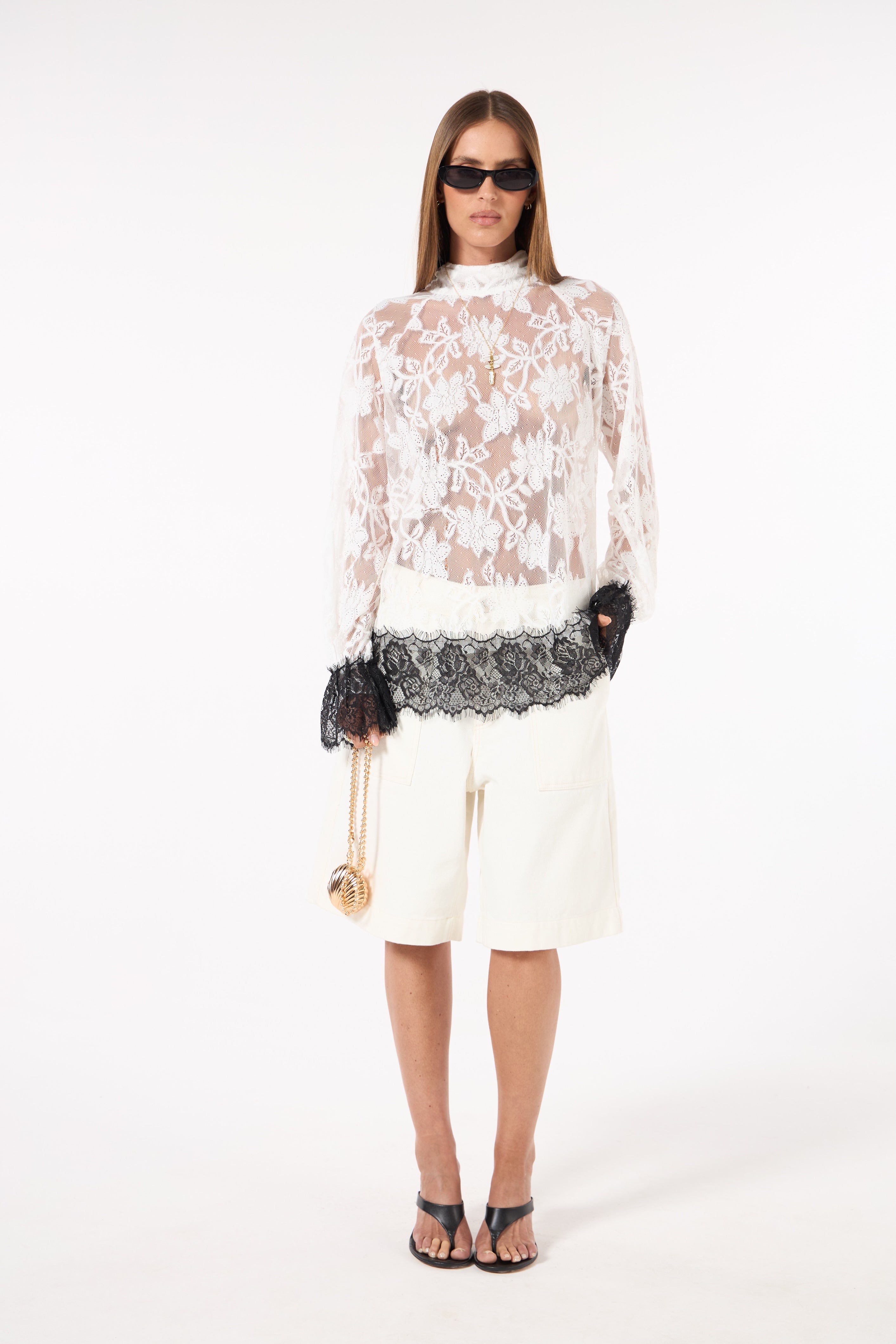SK White Lace Shirt With Black lace