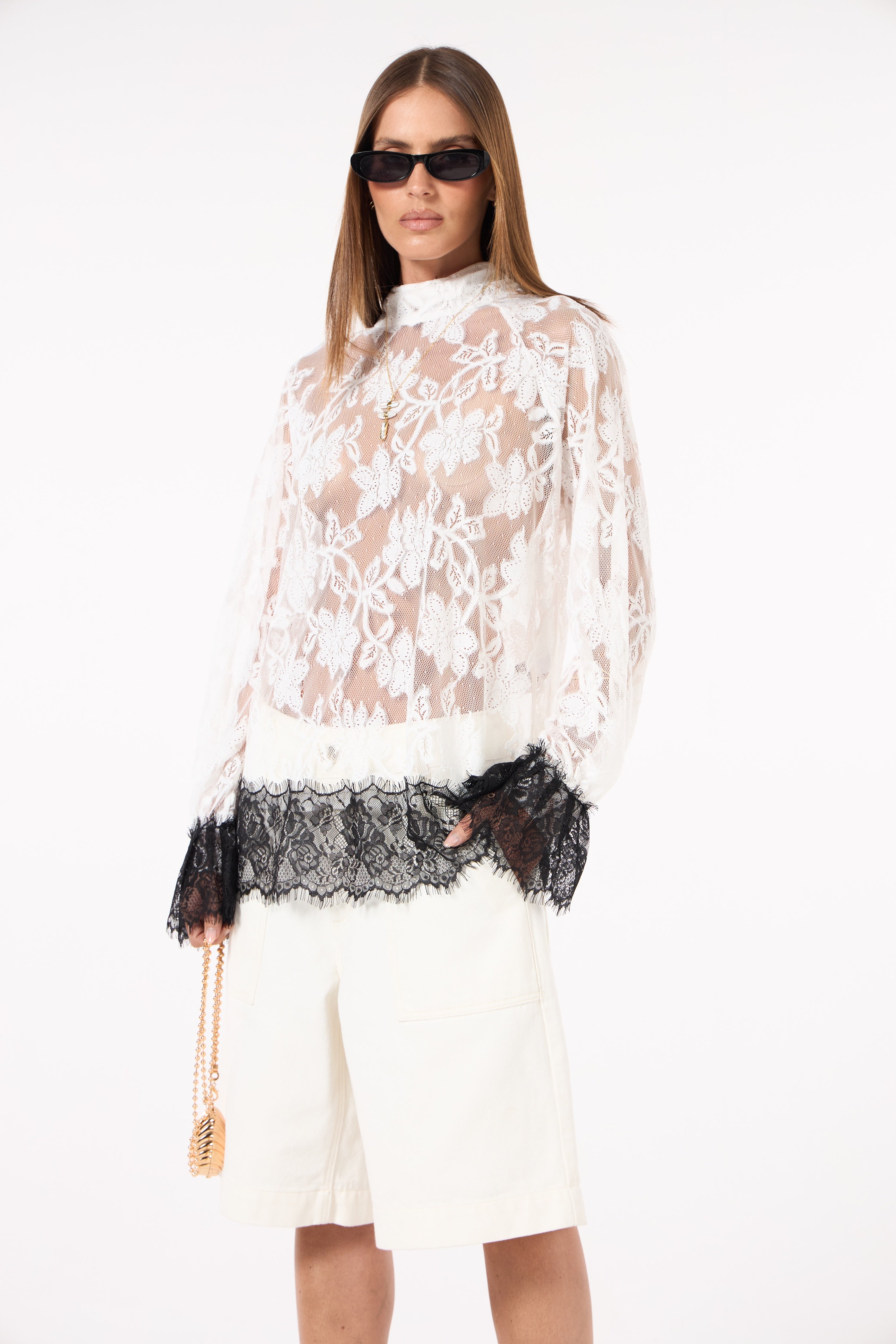 SK White Lace Shirt With Black lace