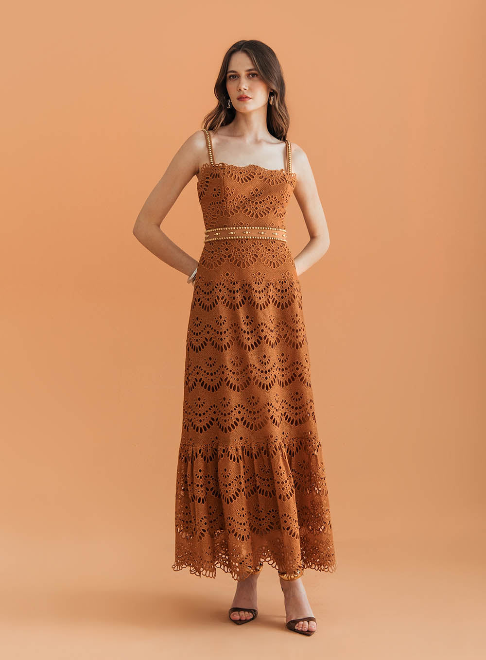 SK Golden Brown Lace Midi Dress