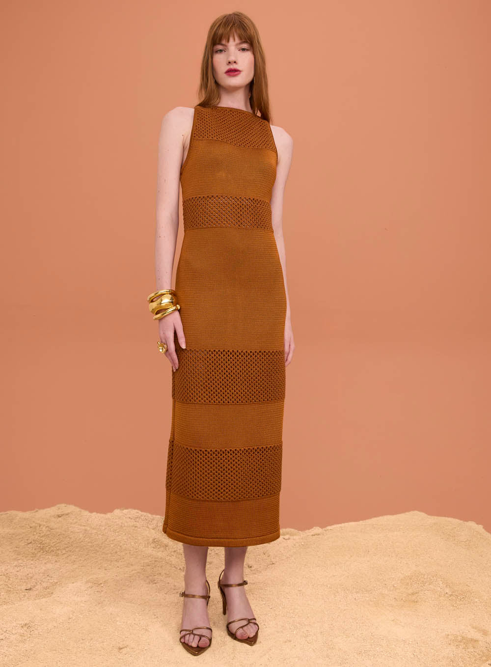 SK Golden Brown Crochet Midi Dress