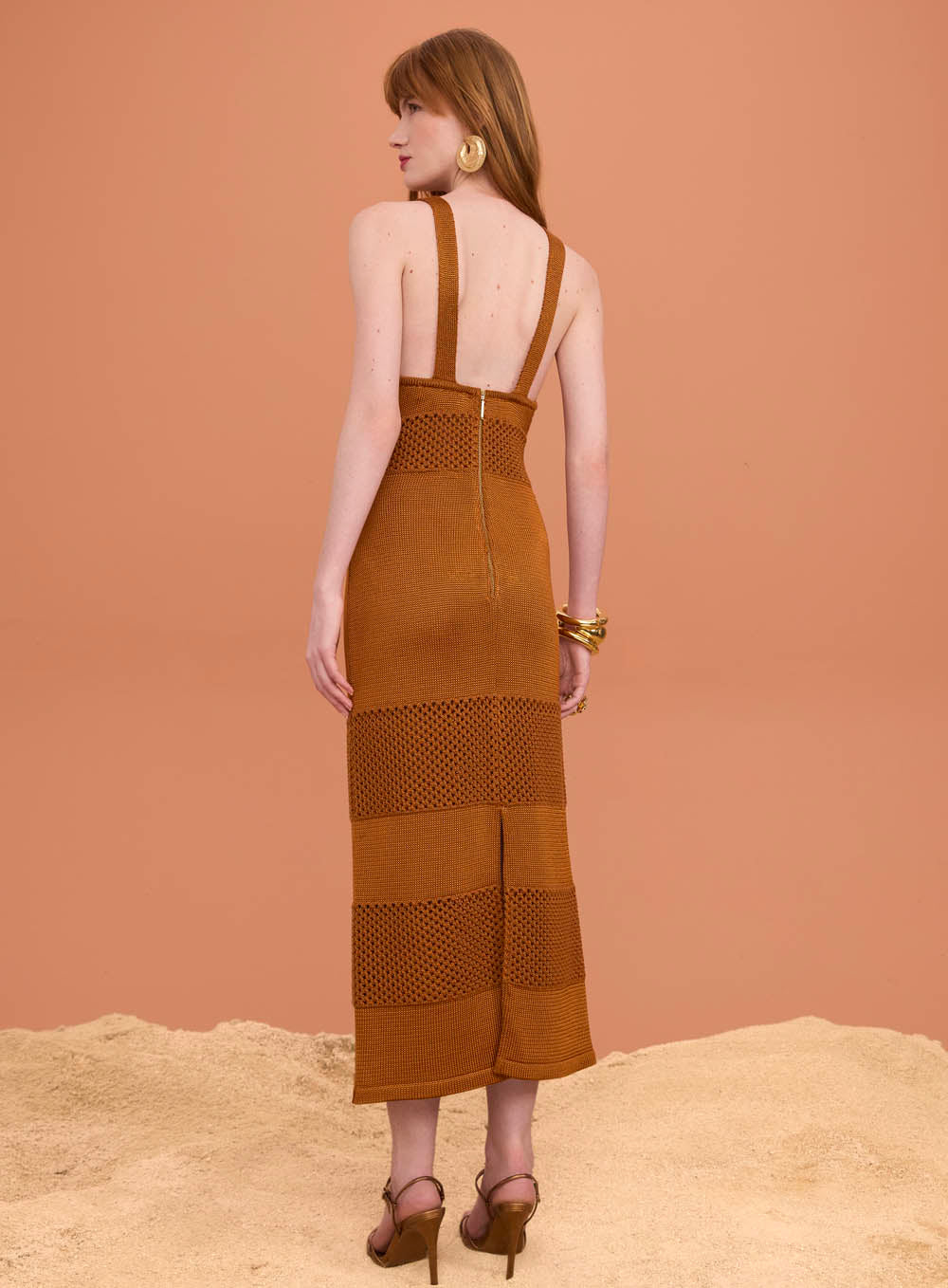SK Golden Brown Crochet Midi Dress