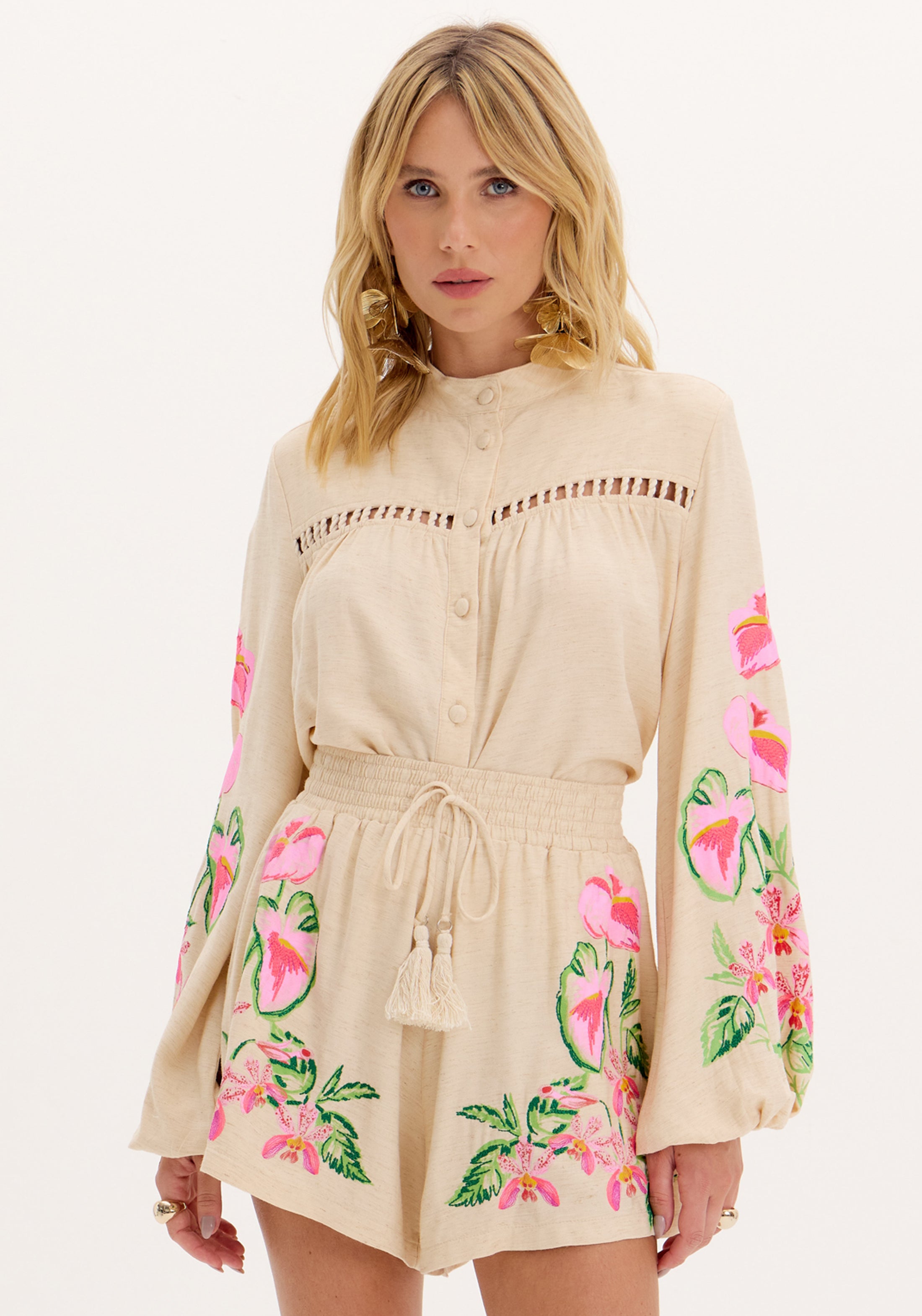 AM Oversized Embroidered Button-Up Blouse