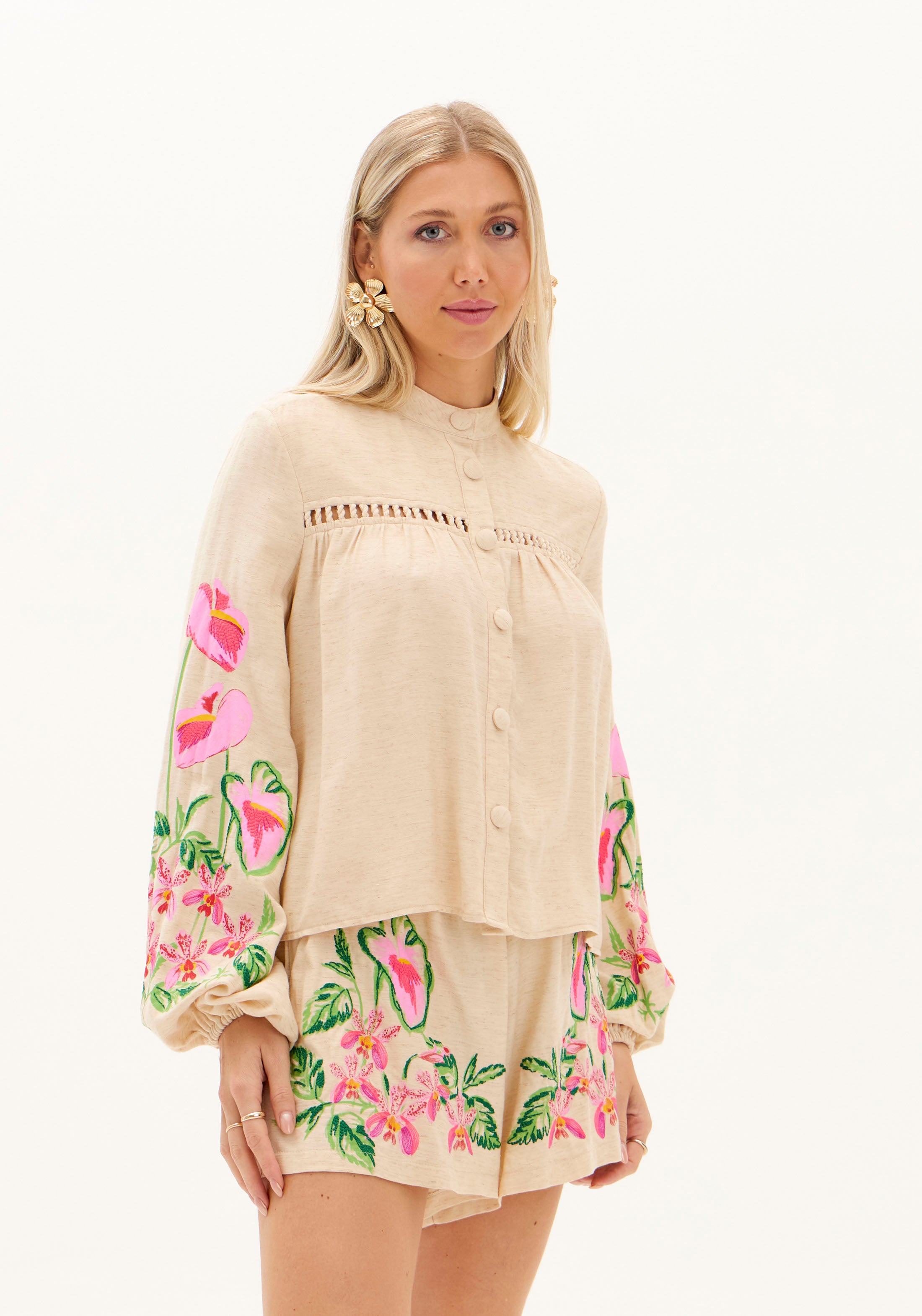 AM Oversized Embroidered Button-Up Blouse