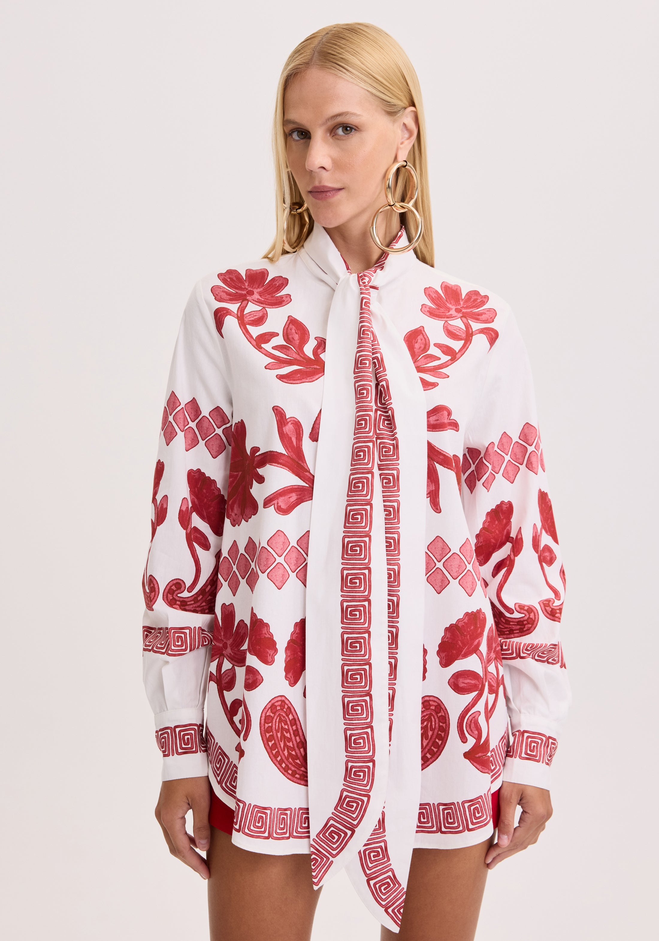 AM Printed Long Sleeve Shirt with Neck Tie
