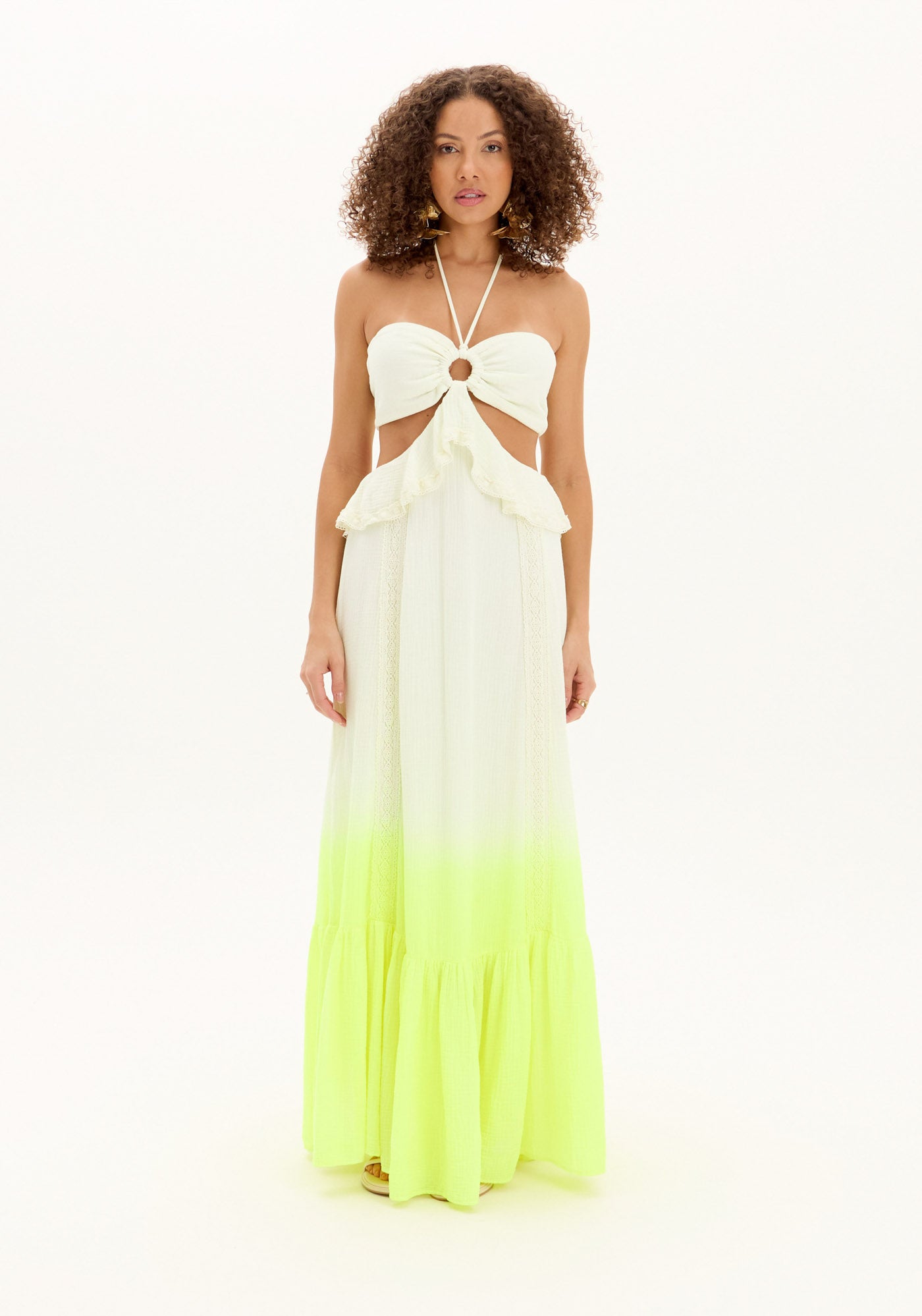 AM White Dress with Neon Yellow Hem and Cutout Details