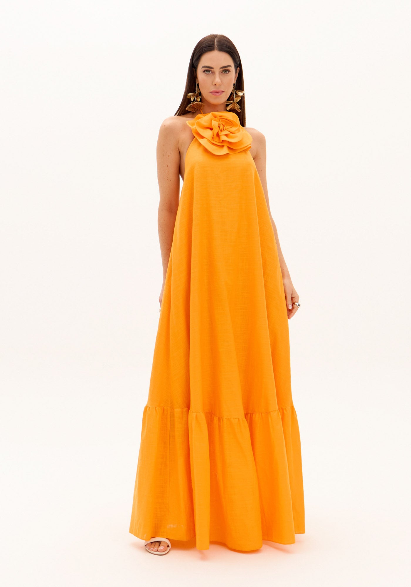 AM Long Orange Dress with Flower Detail