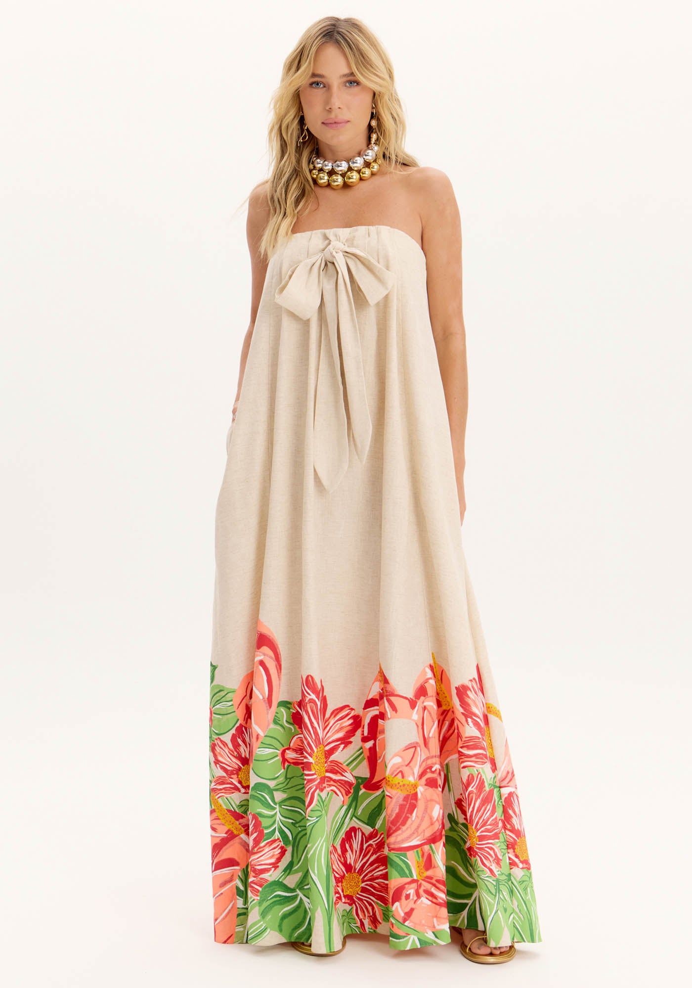 AM Beige Long Dress with Painted Hem