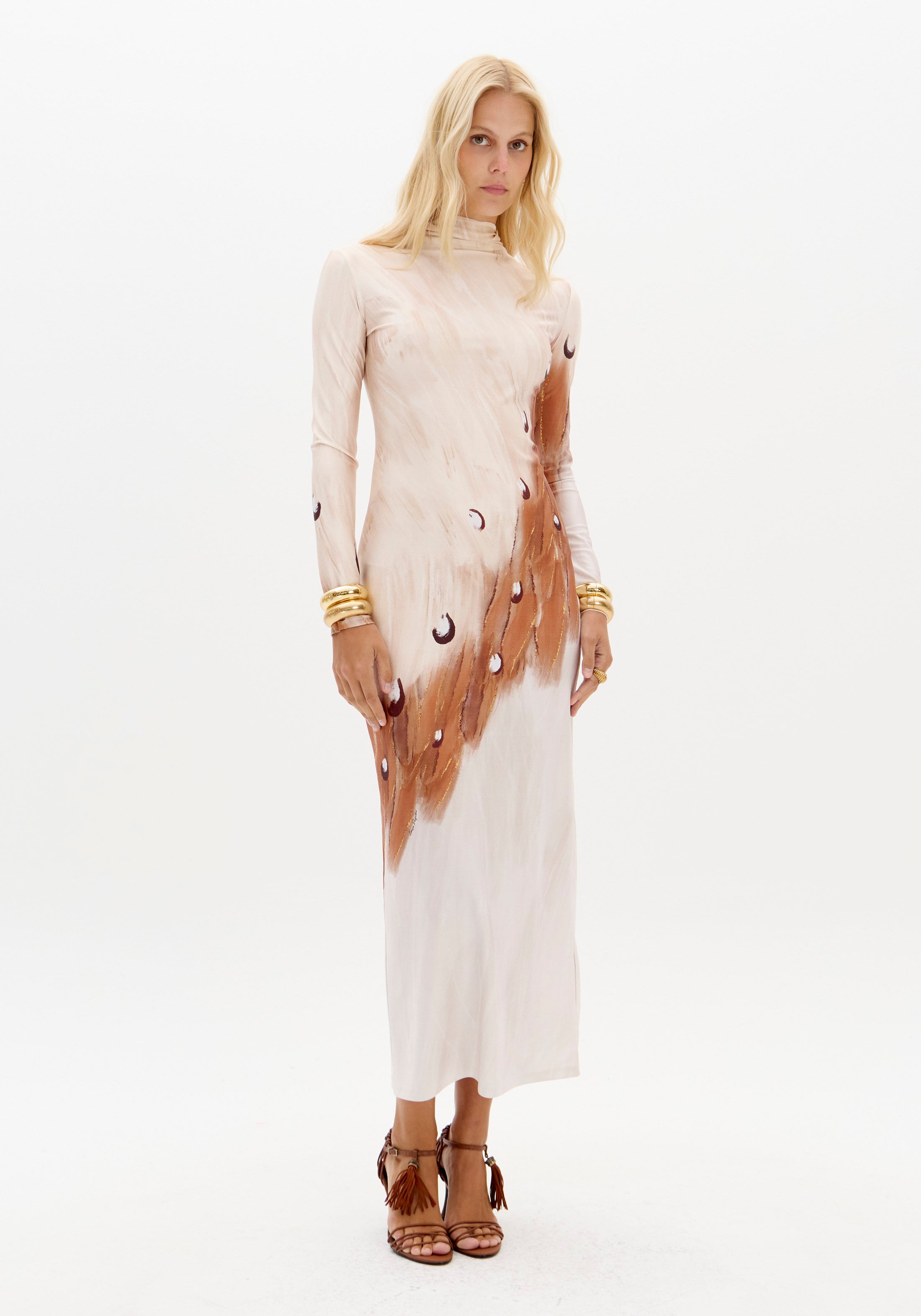 LP Caramel Printed Midi Long Sleeve Midi Dress
