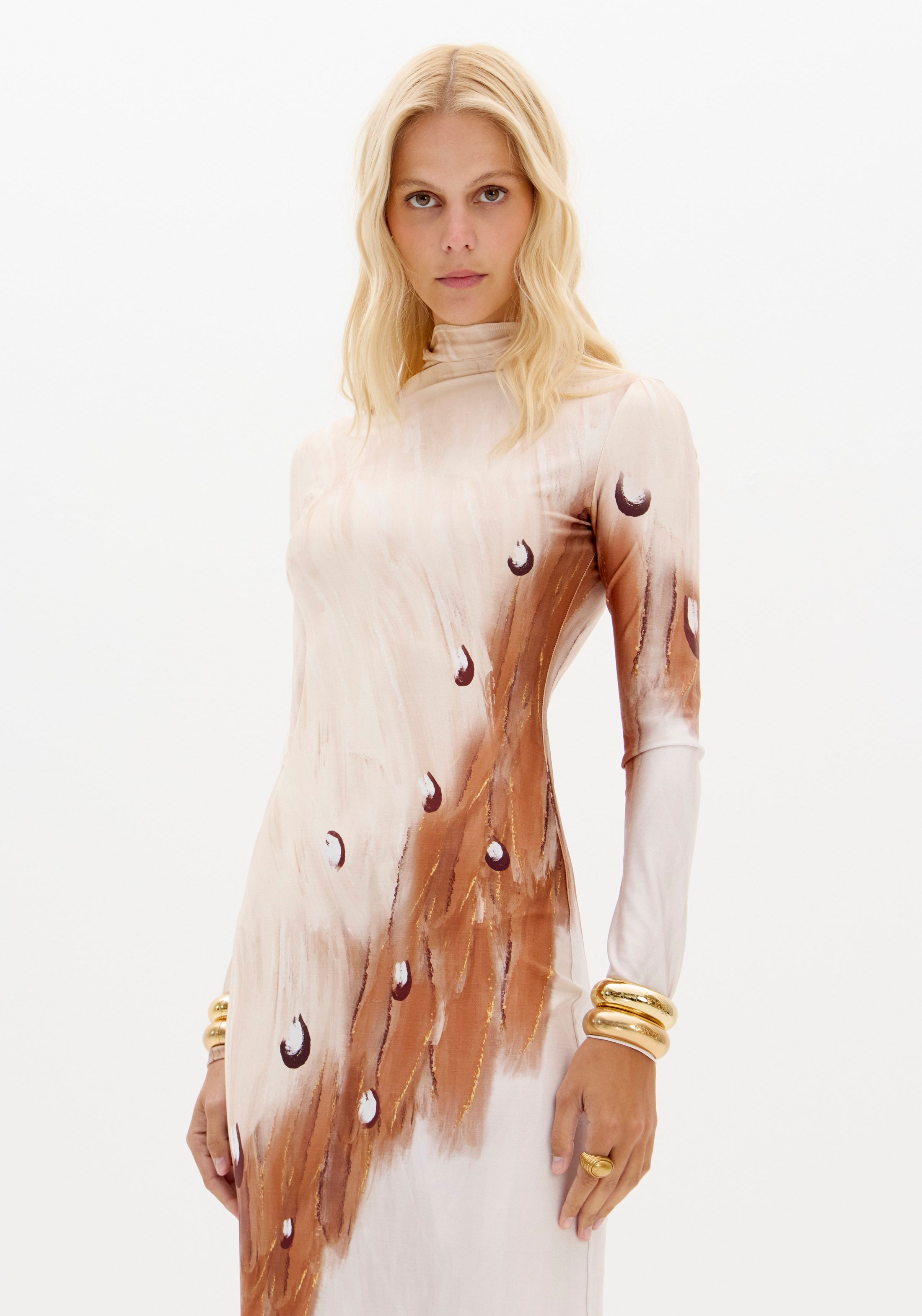 LP Caramel Printed Midi Long Sleeve Midi Dress