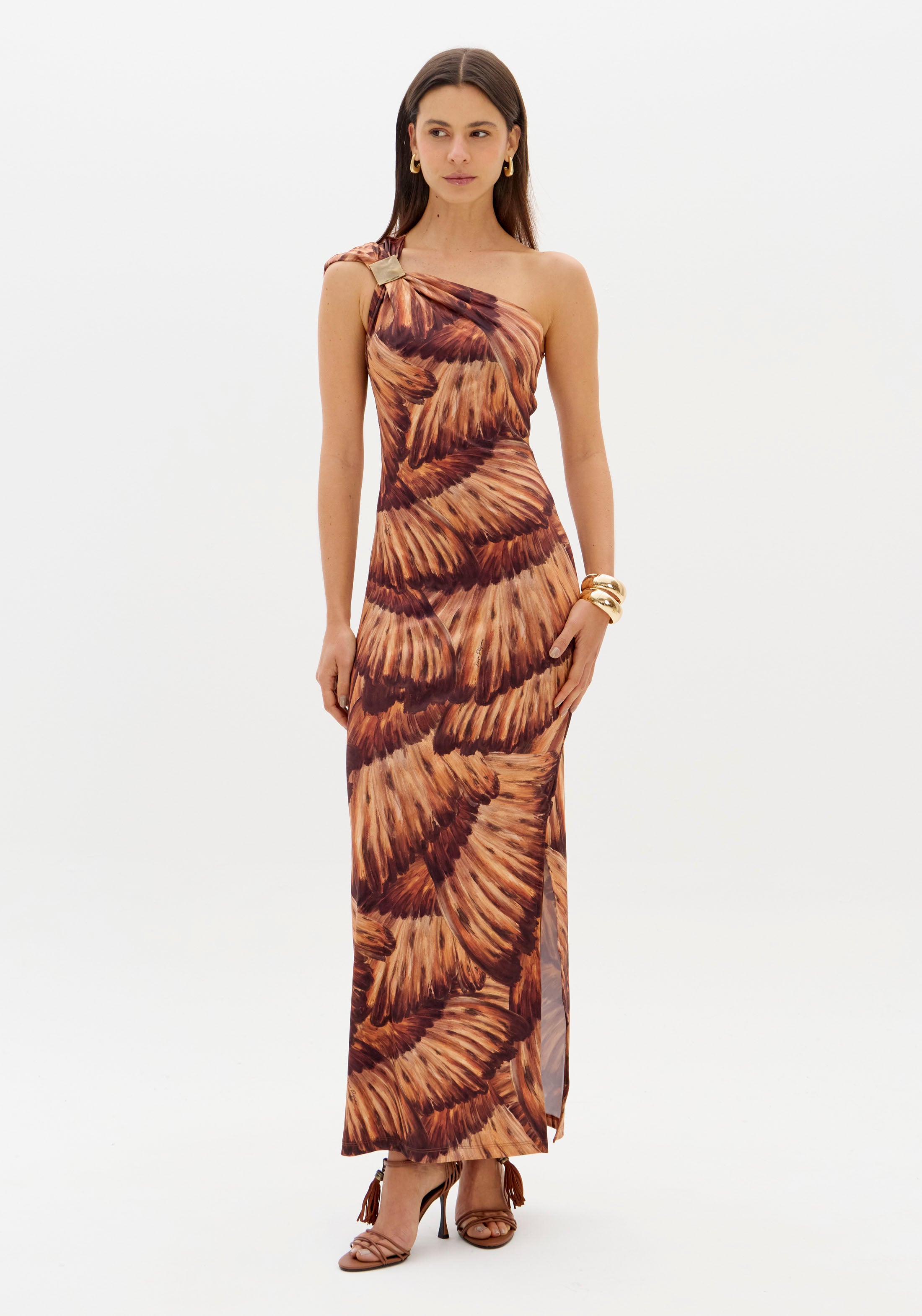 LP Brown Printed One Shoulder Midi Dress