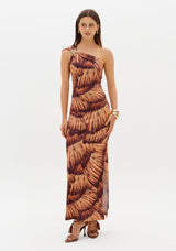 LP Brown Printed One Shoulder Midi Dress