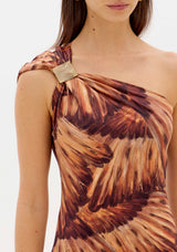 LP Brown Printed One Shoulder Midi Dress
