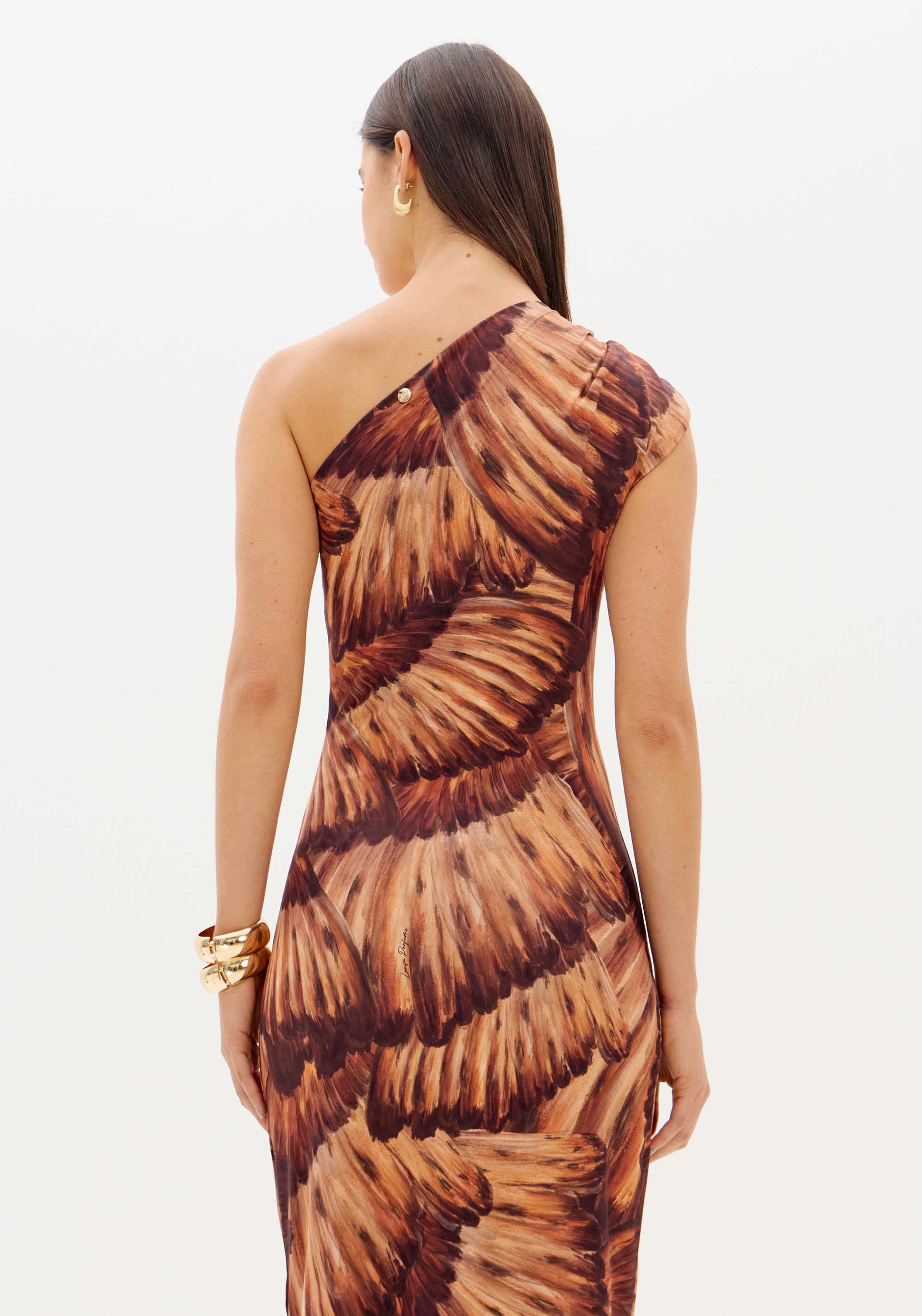 LP Brown Printed One Shoulder Midi Dress