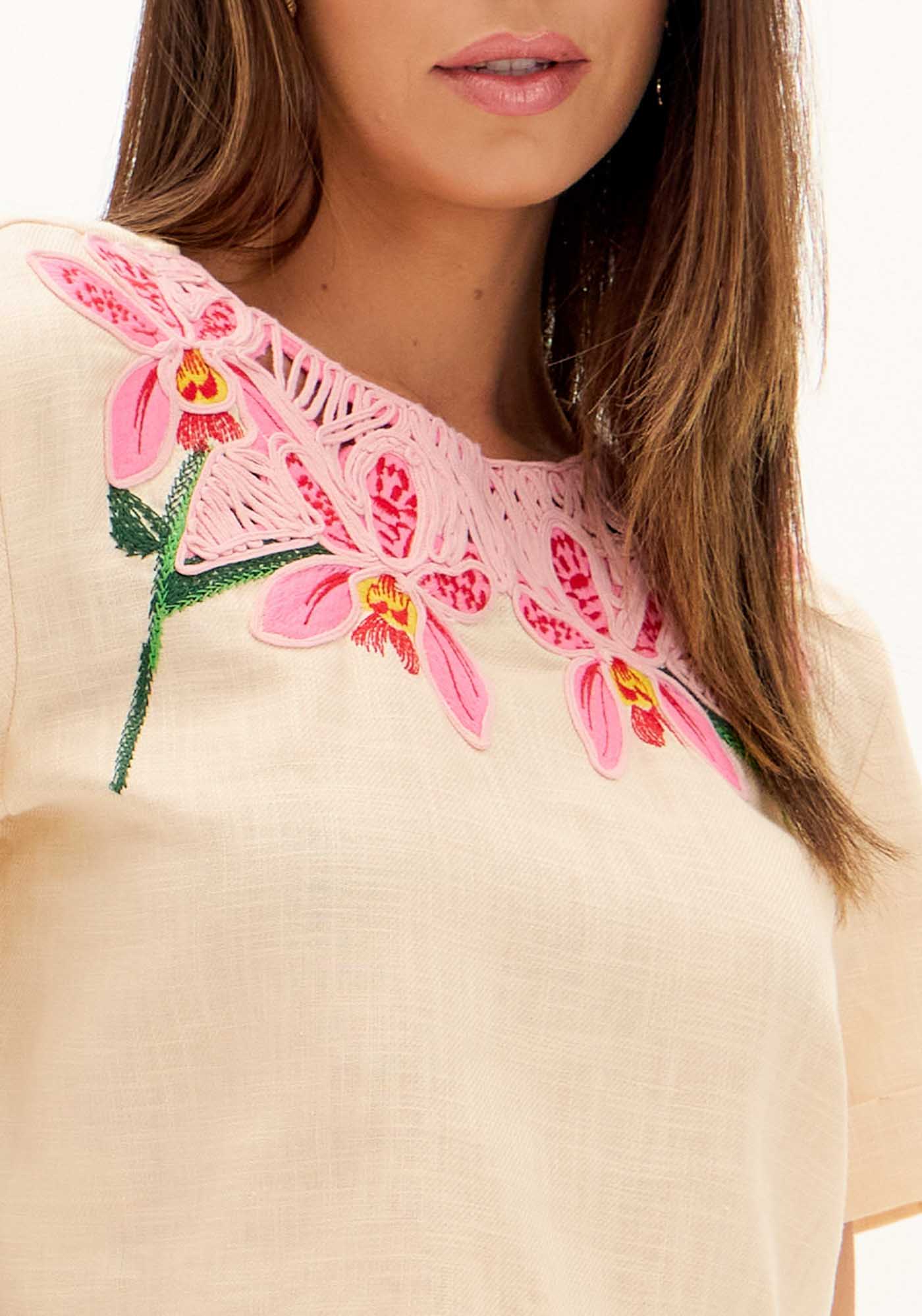 AM White Blouse with Embroidered Orchids