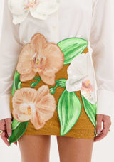 AM Nude Skirt with Embroidered Orchids and Rhinestones