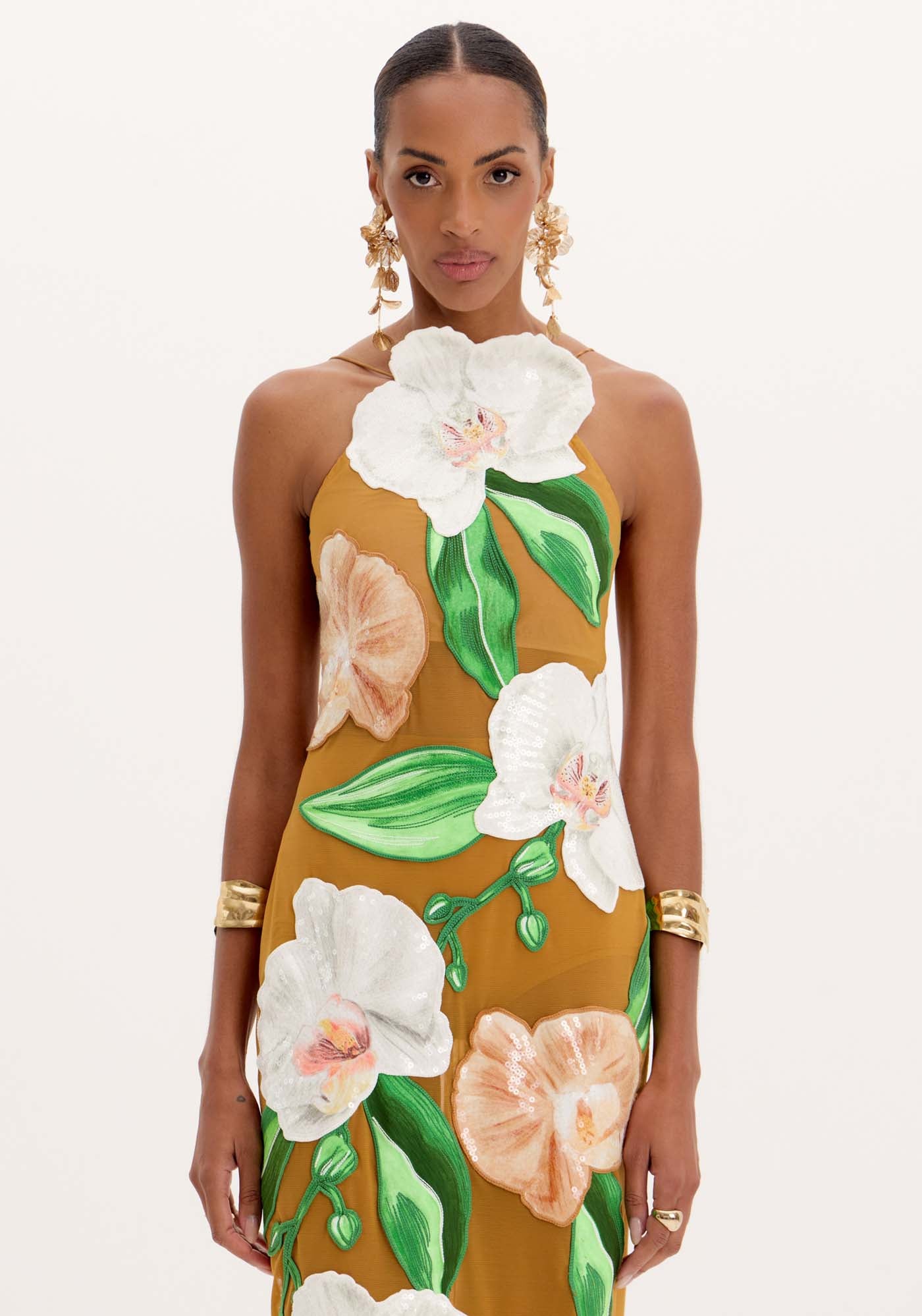 AM Nude Midi Dress Embroidered with Orchids