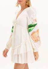 AM Short White Dress with Embroidered Orchids on the Sleeves