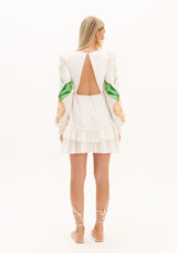 AM Short White Dress with Embroidered Orchids on the Sleeves