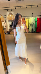 SK White Midi Dress With Floral Applications