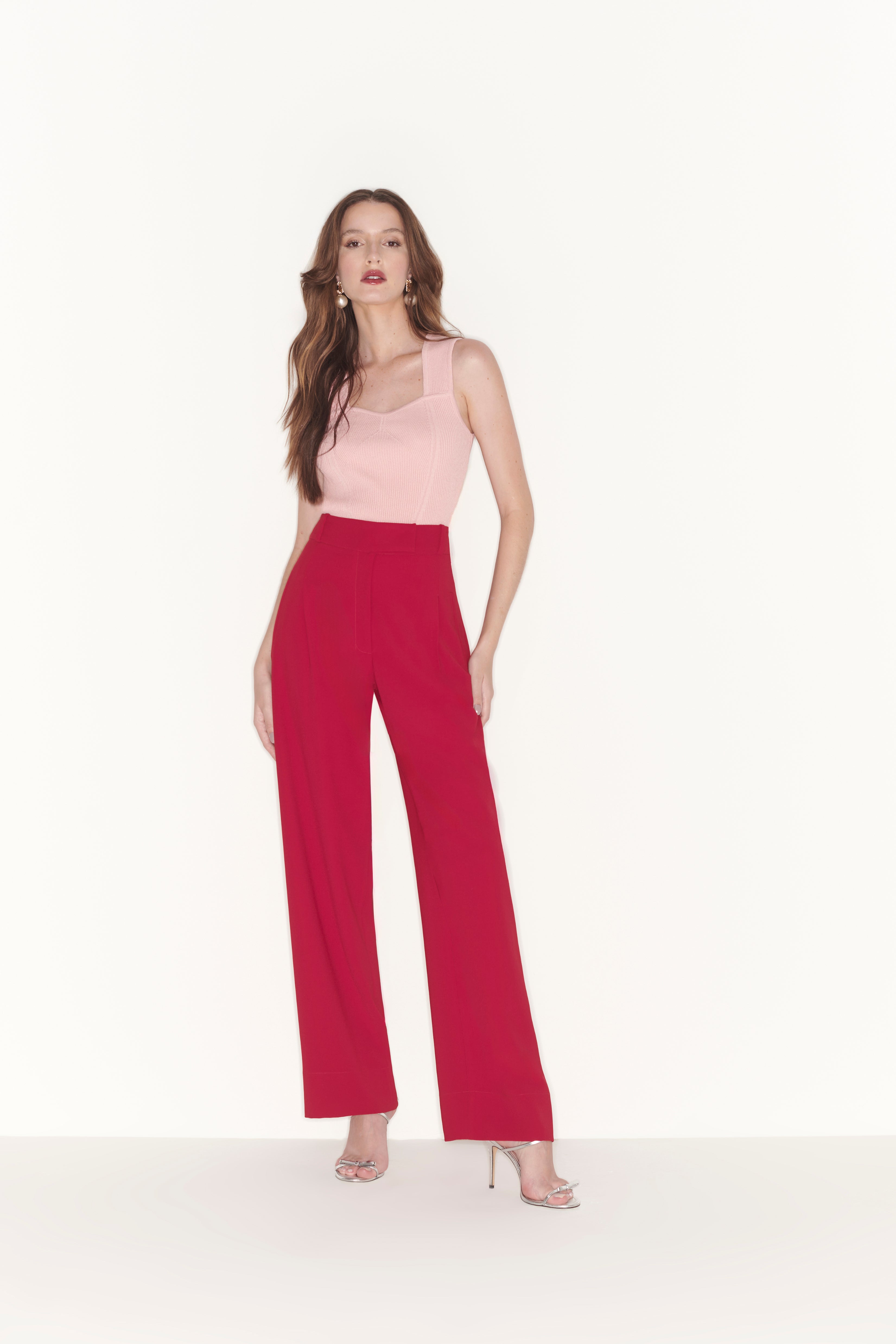 FC Red Wide Leg Pleated Pants