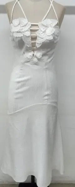 SK White Midi Dress With Floral Applications