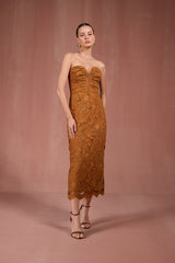 SK Midi Strapless Lace Brown Dress