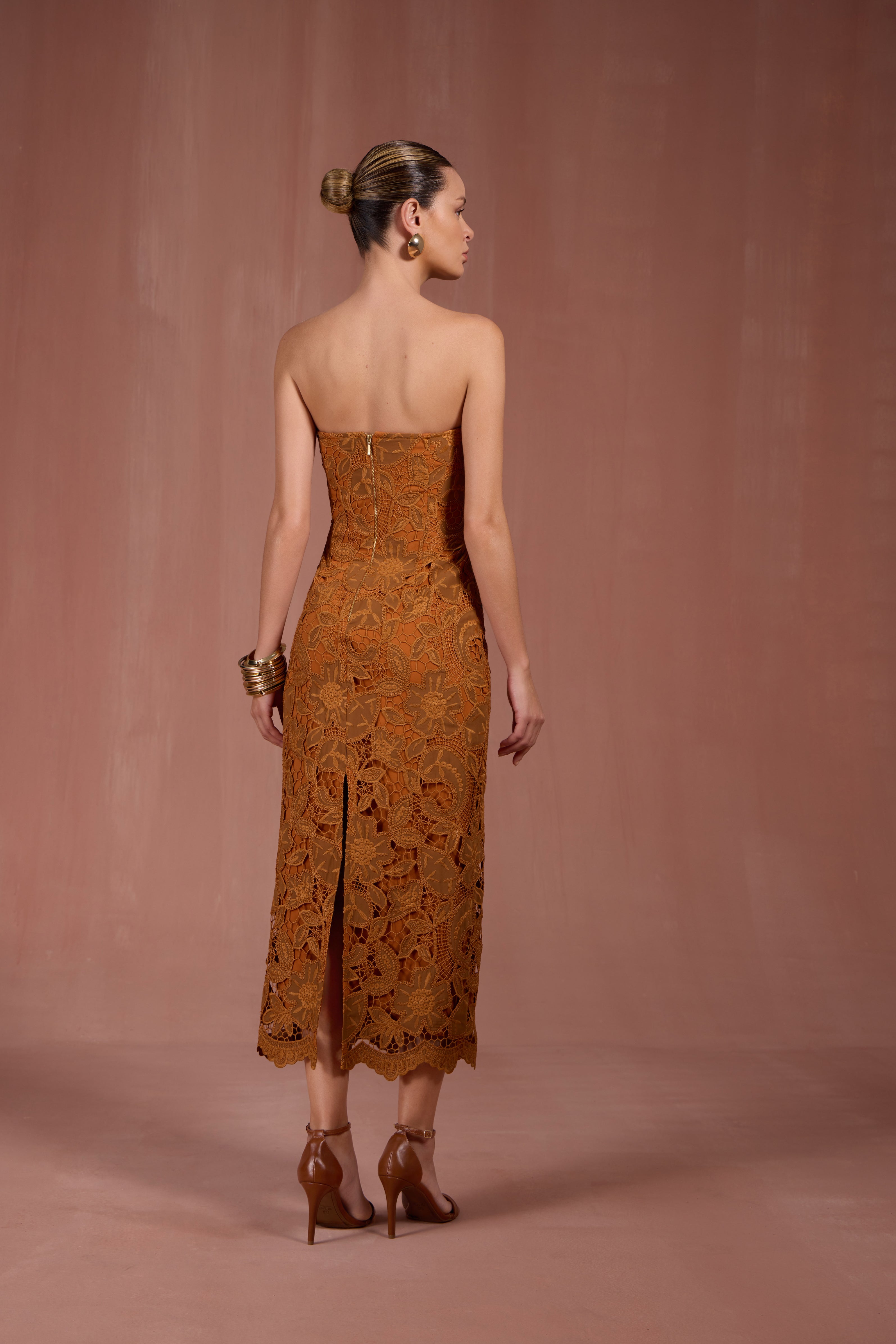 SK Midi Strapless Lace Brown Dress