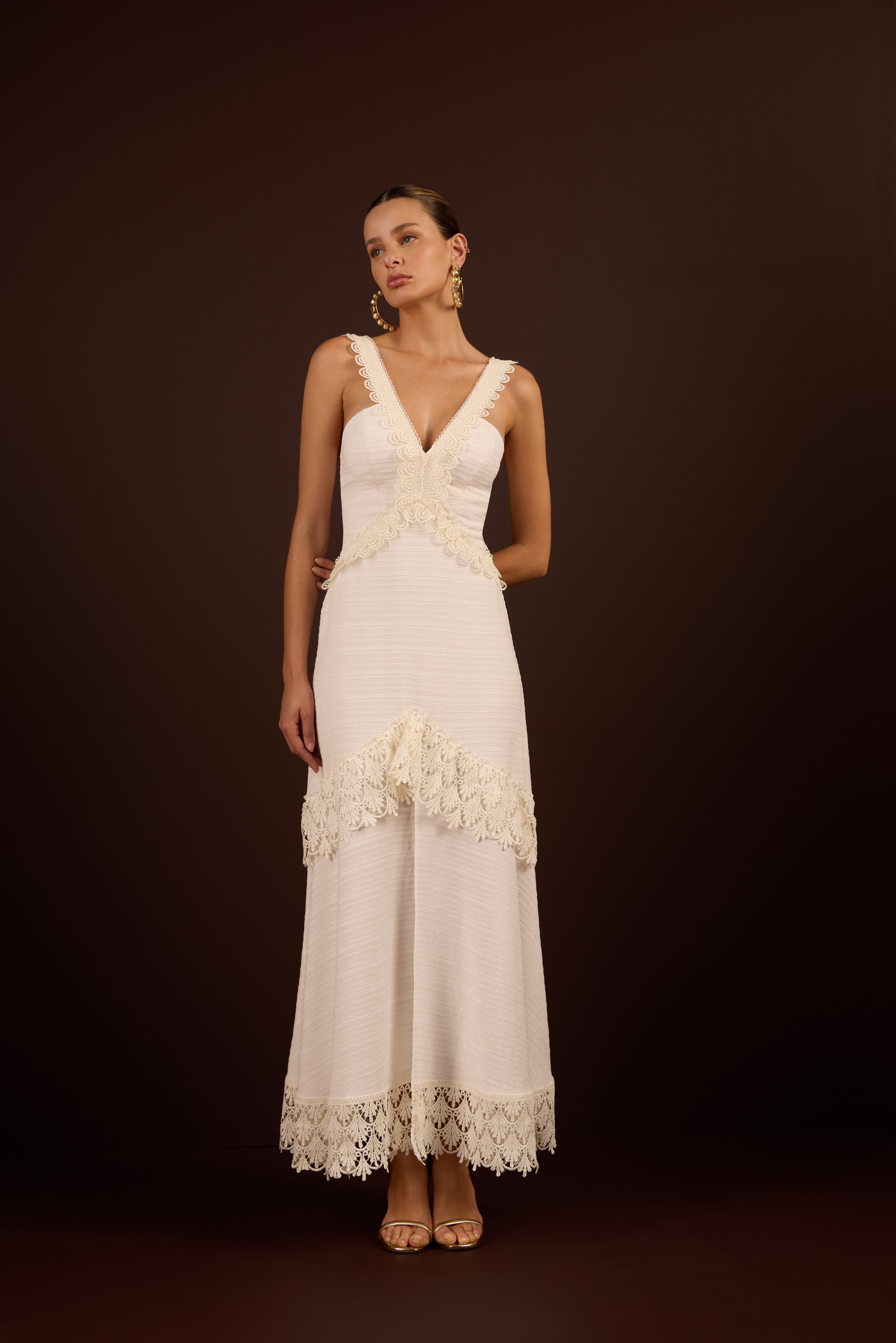 SK Light Beige Midi Dress With Lace