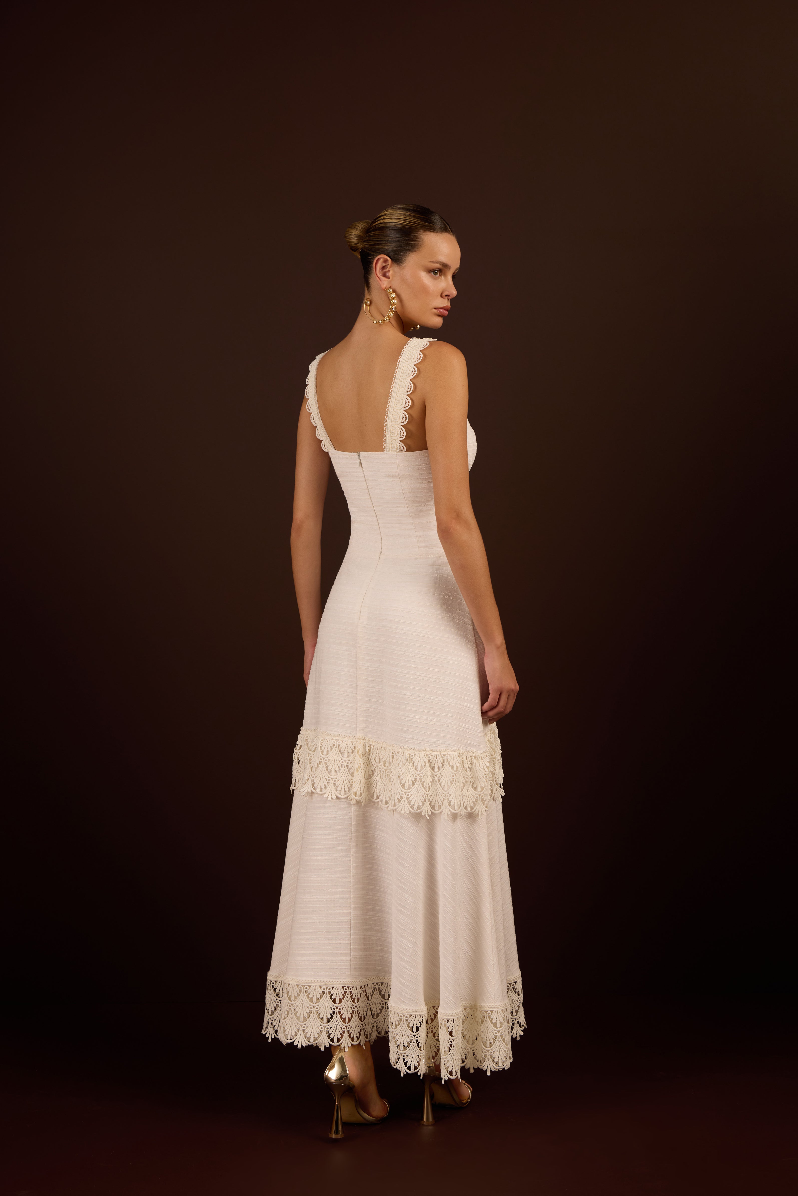 SK Light Beige Midi Dress With Lace