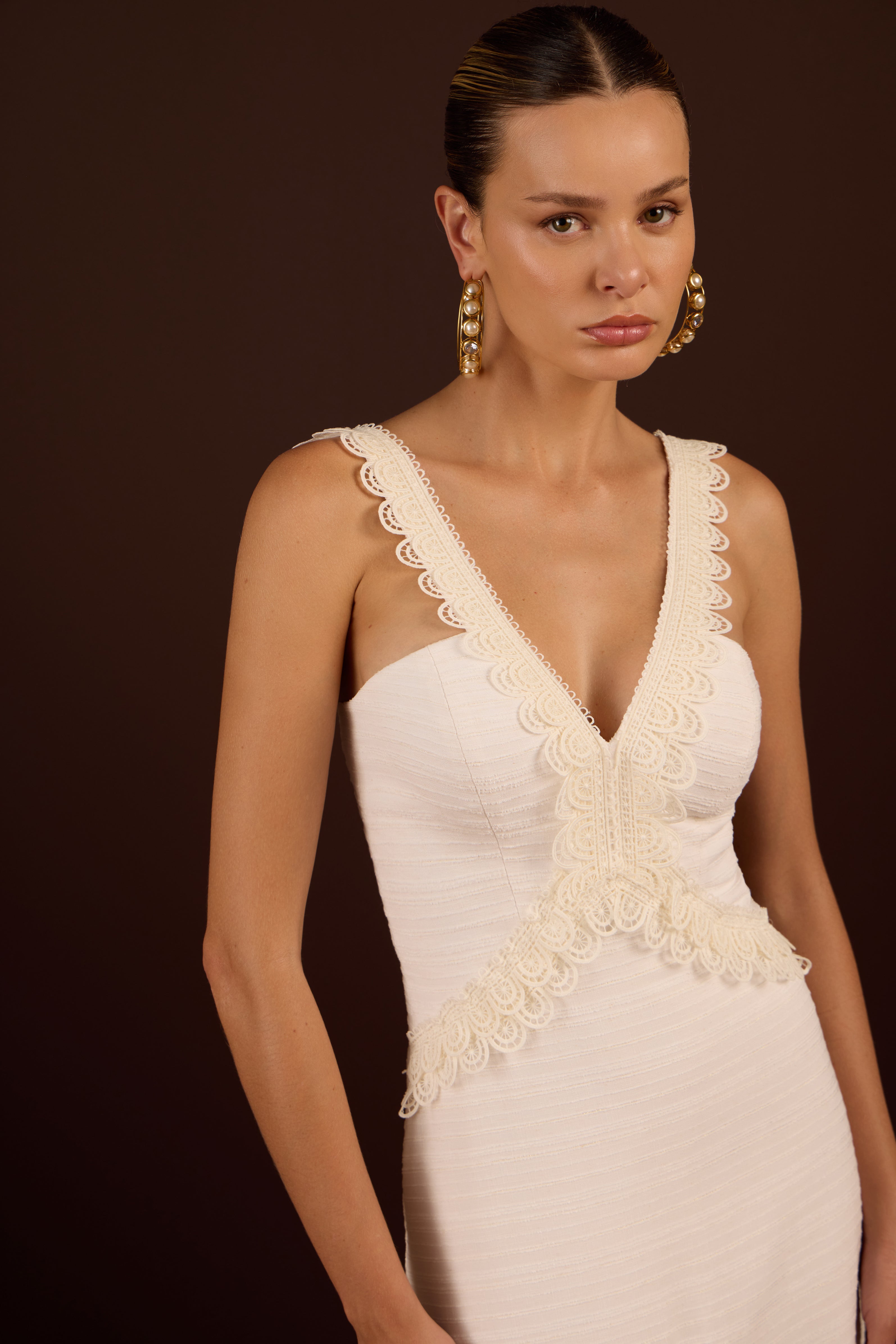 SK Light Beige Midi Dress With Lace