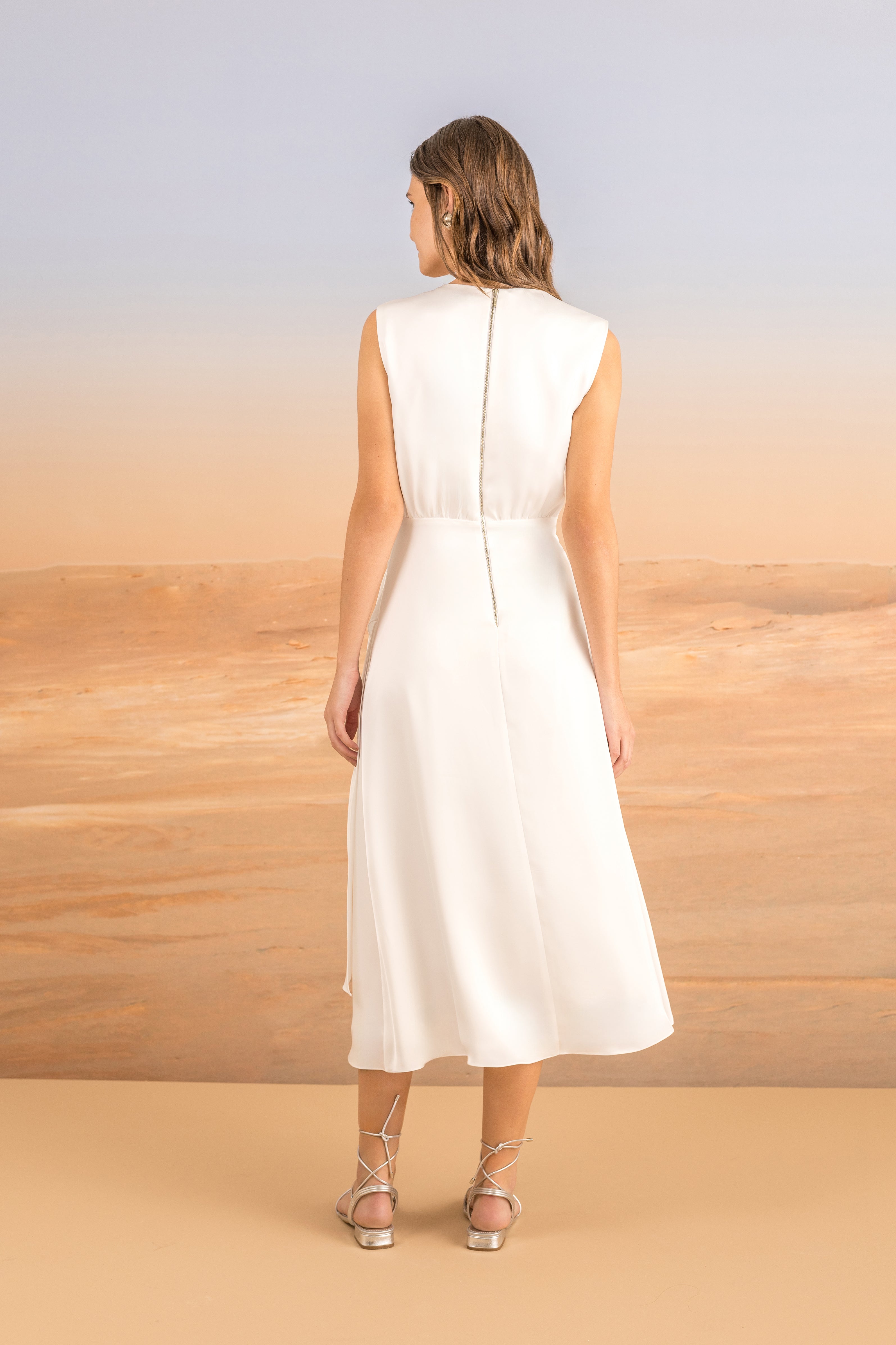 SK Off-White Midi Dress with Tie Waist