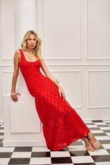 SK Red Long Knit U-Neck Dress