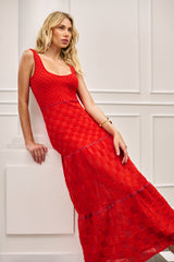 SK Red Long Knit U-Neck Dress