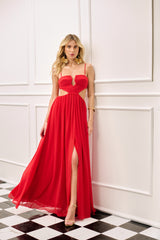 SK Red LongRuched-Bust Dress