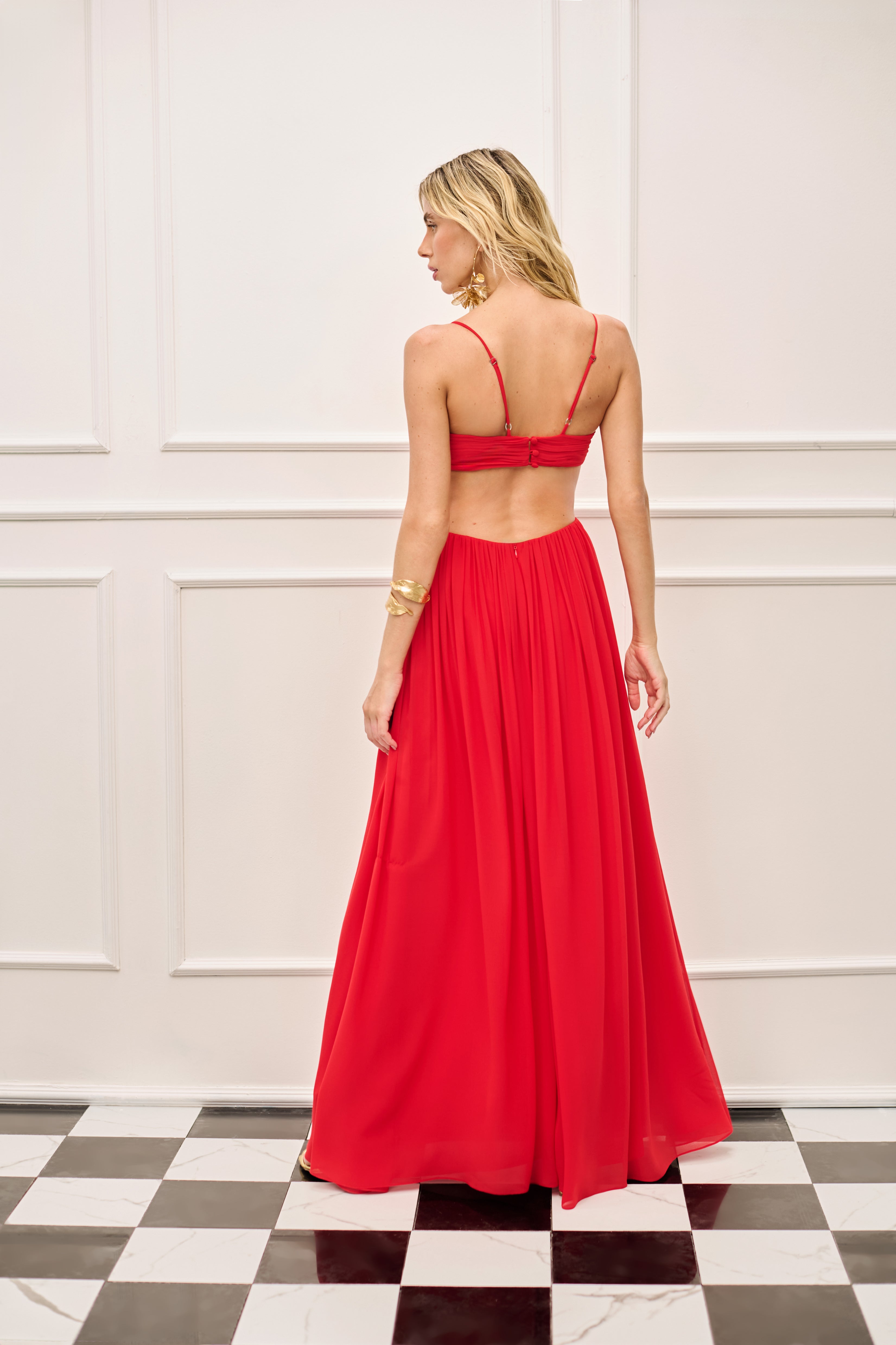 SK Red LongRuched-Bust Dress