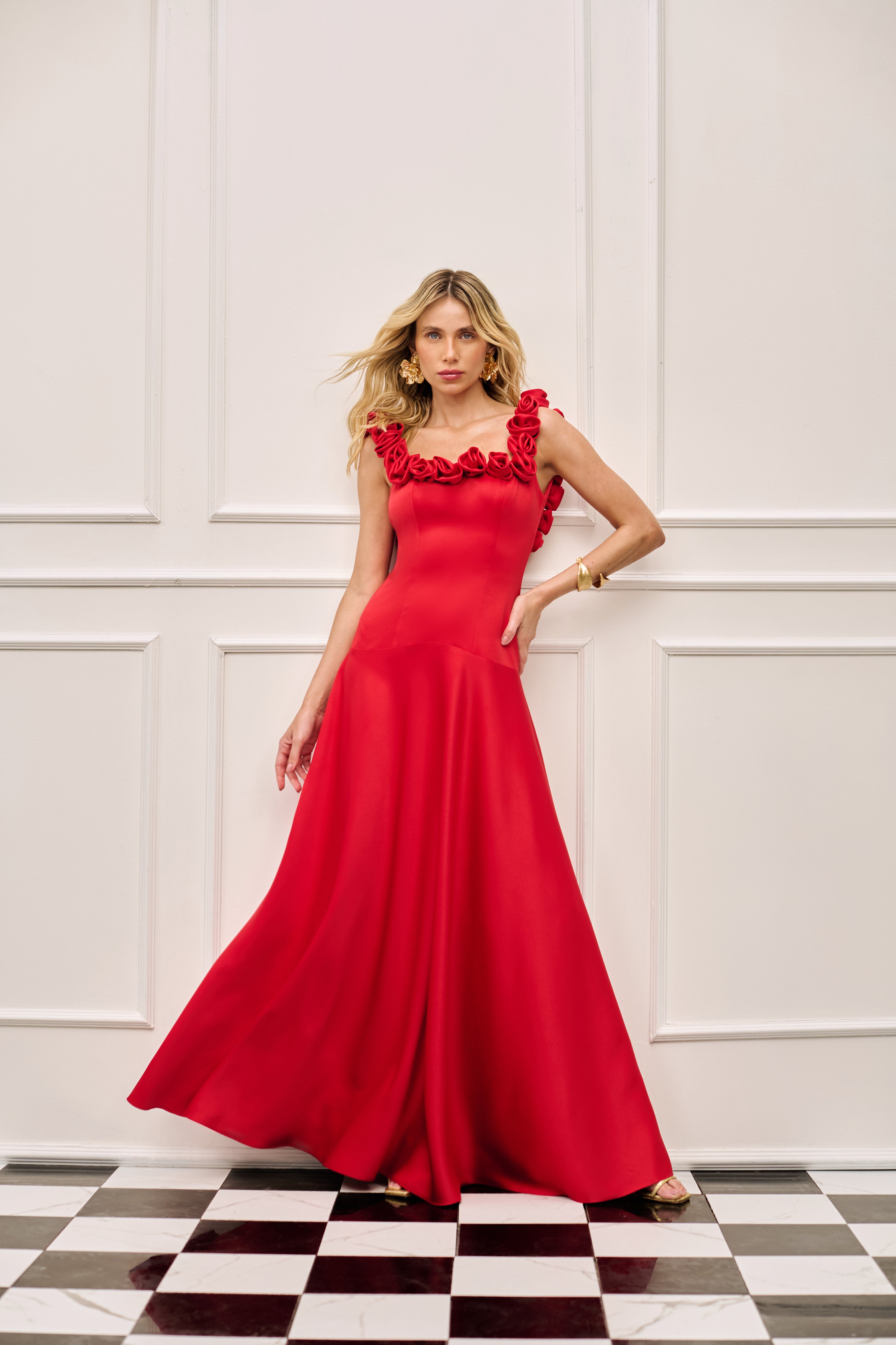 SK Red Long Dress with Floral-Embellished Neckline