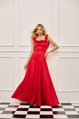 SK Red Long Dress with Floral-Embellished Neckline