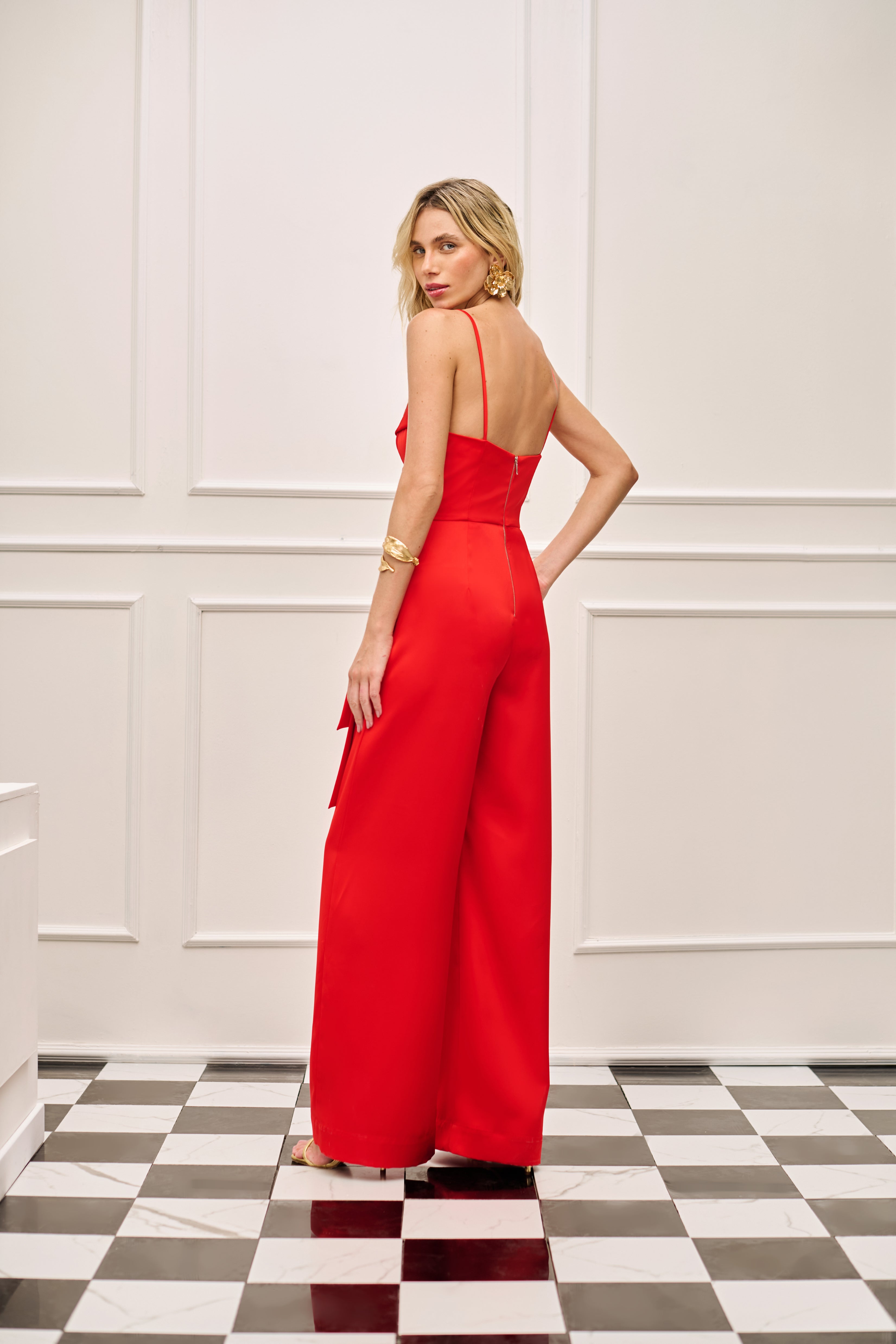 SK Red Satin Crepe Jumpsuit