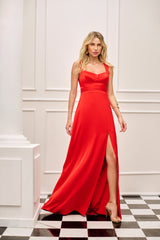 SK Red Satin Crepe Long Dress