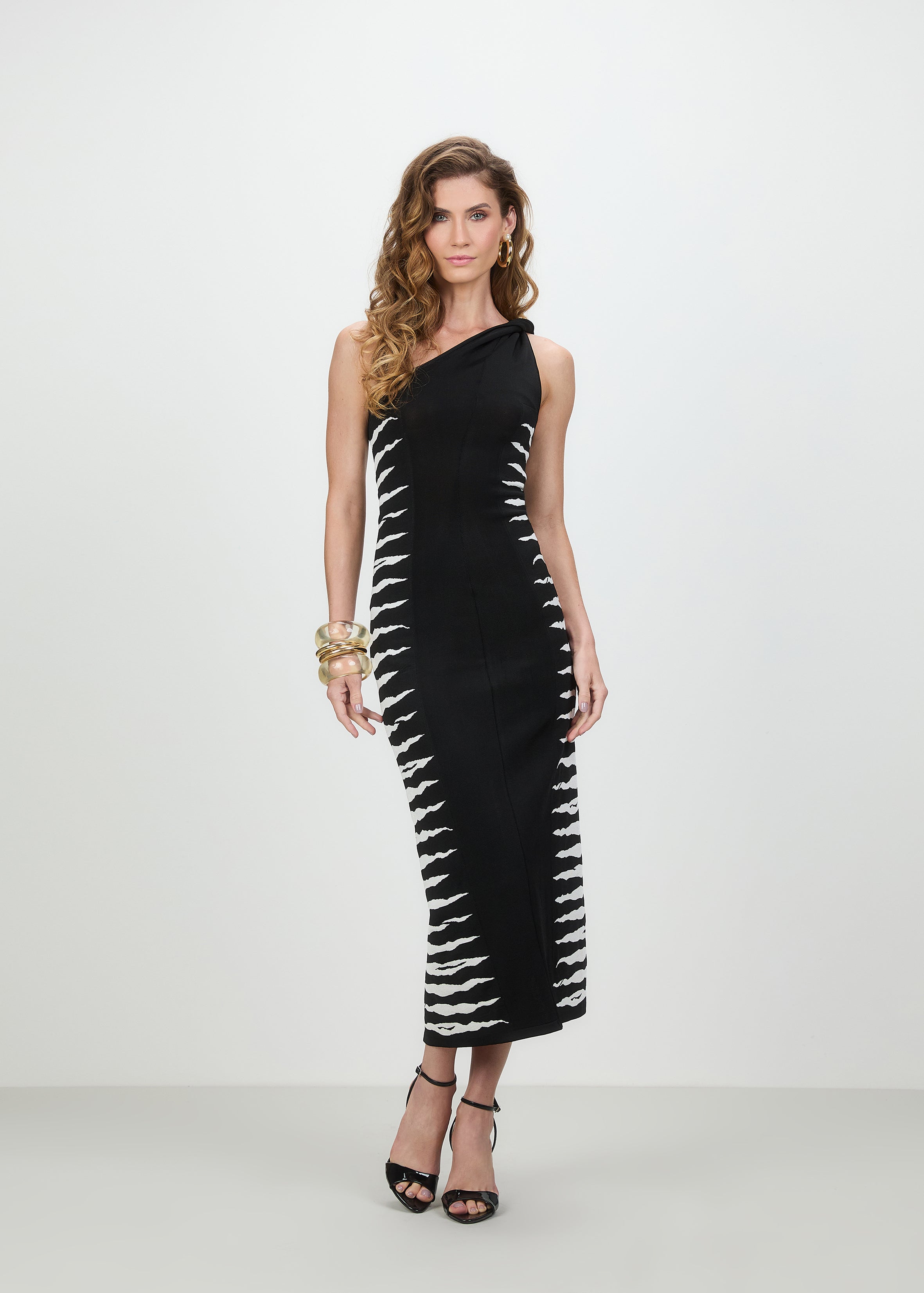 TD One-Shoulder Zebra Knit Midi Dress