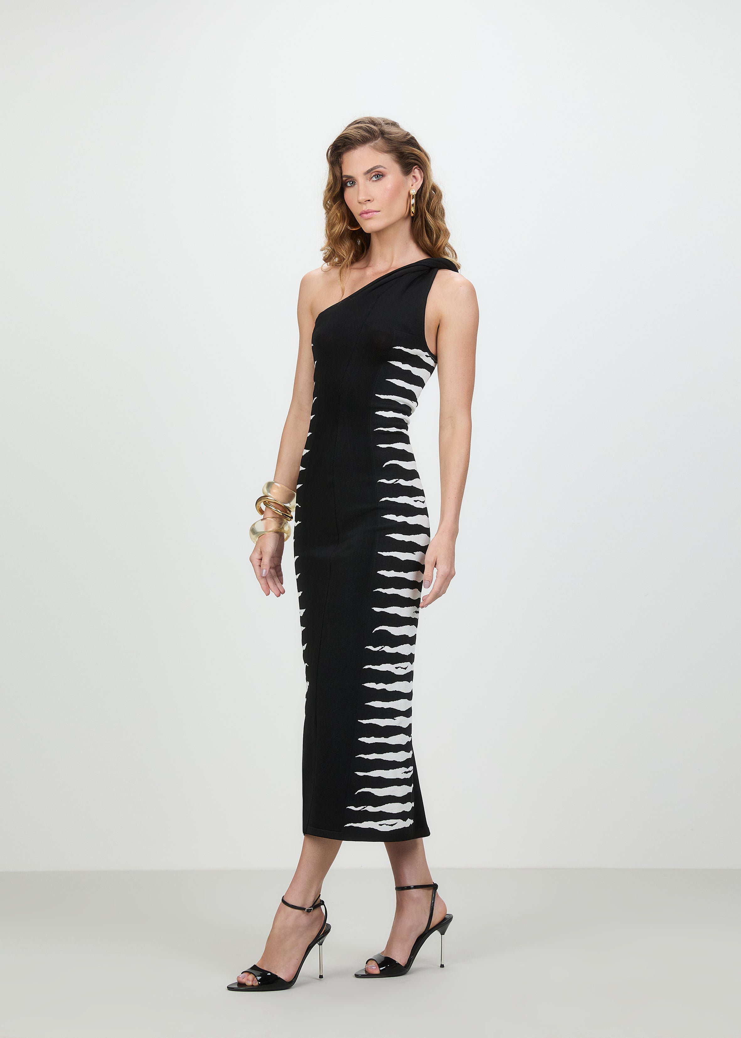 TD One-Shoulder Zebra Knit Midi Dress