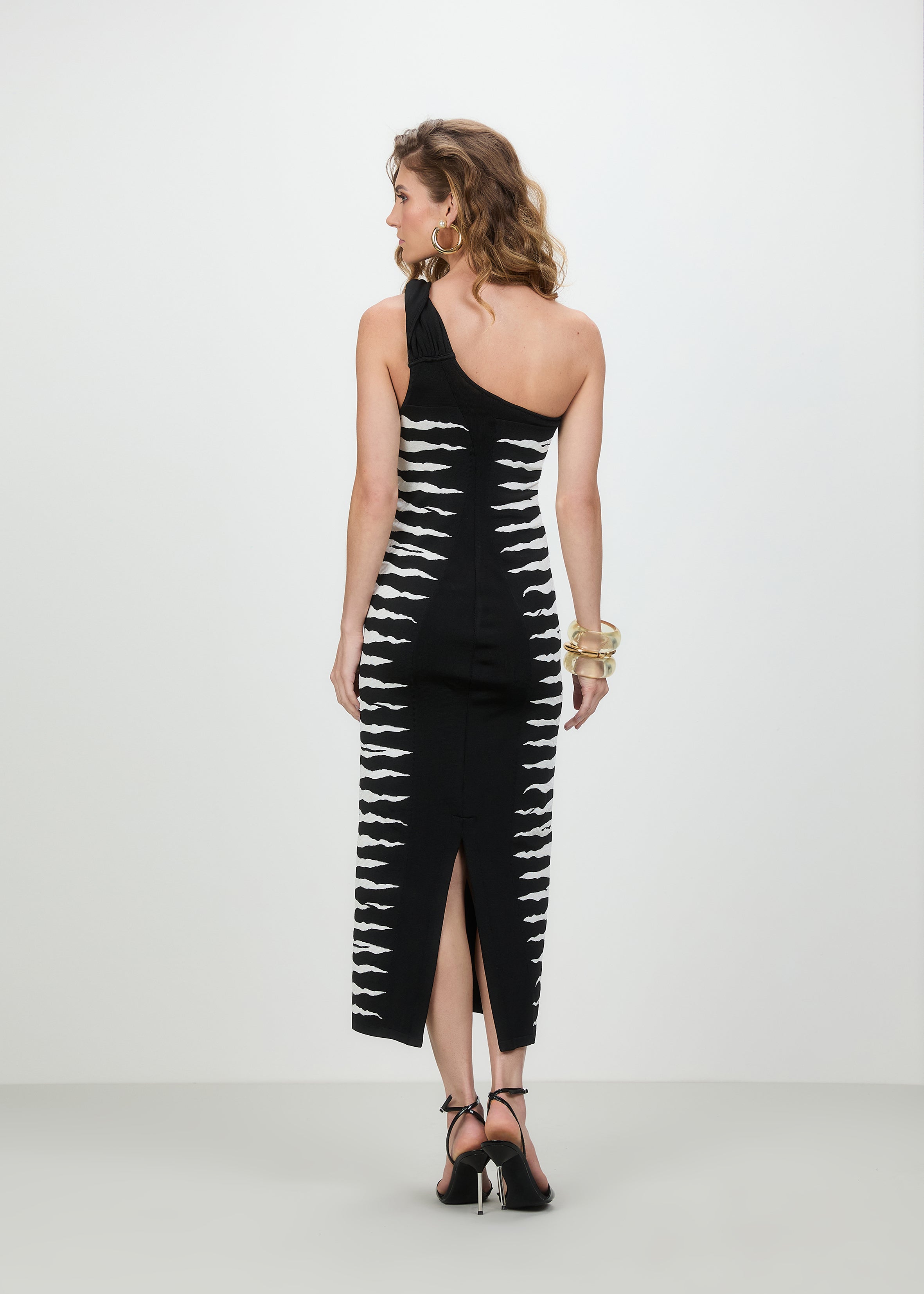 TD One-Shoulder Zebra Knit Midi Dress