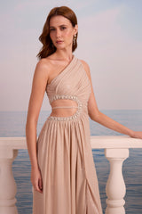 SK Beige One Shoulder Long Dress