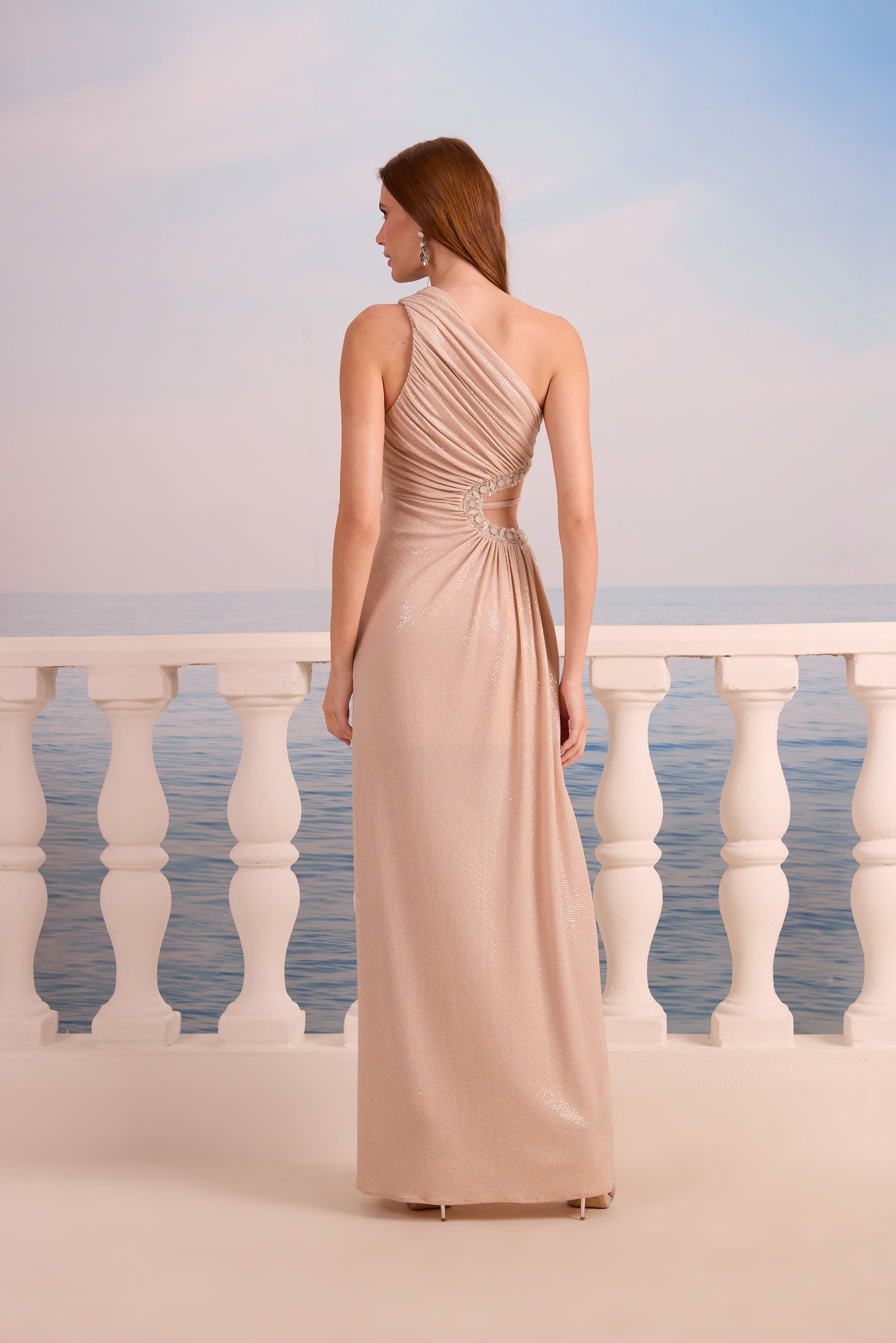 SK Beige One Shoulder Long Dress